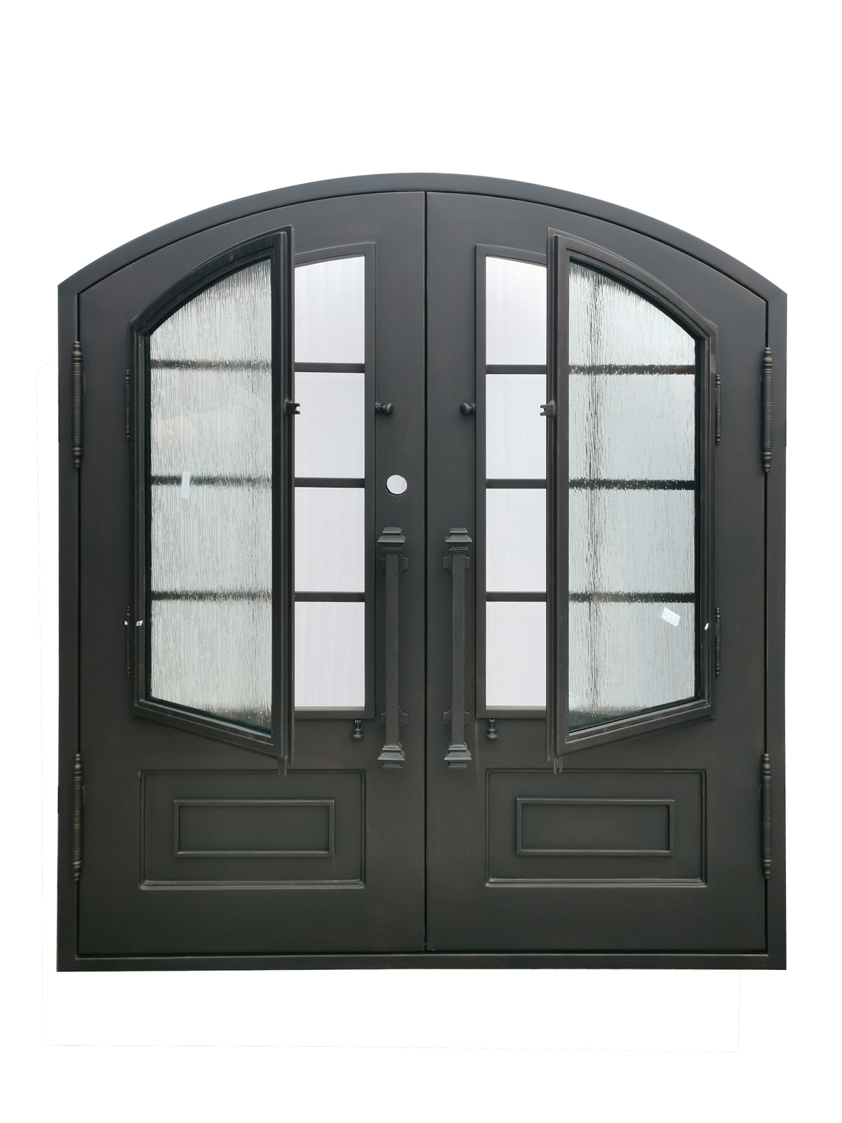 Anderson Model Double Front Entry Iron Door With Tempered Rain Glass M