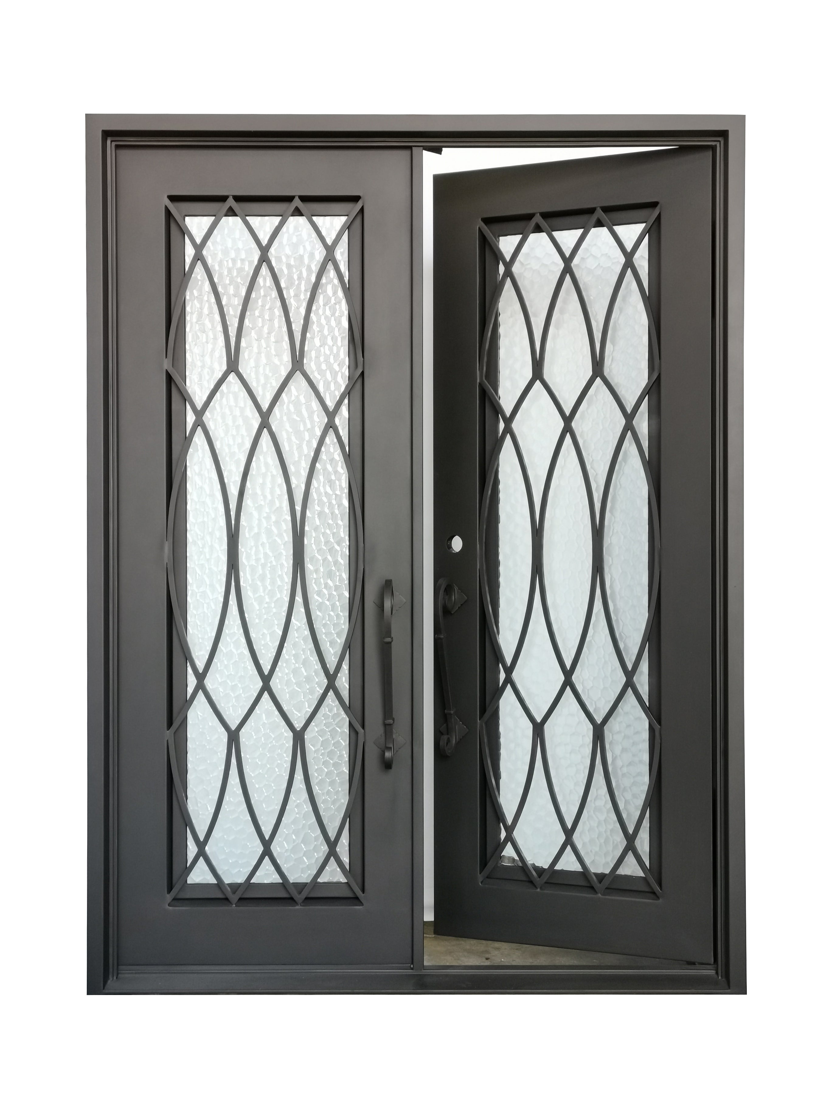 Burleson Model Double Front Entry Iron Door With Tempered Water Cube Glass Dark Bronze Finish - AAWAIZ IMPORTS