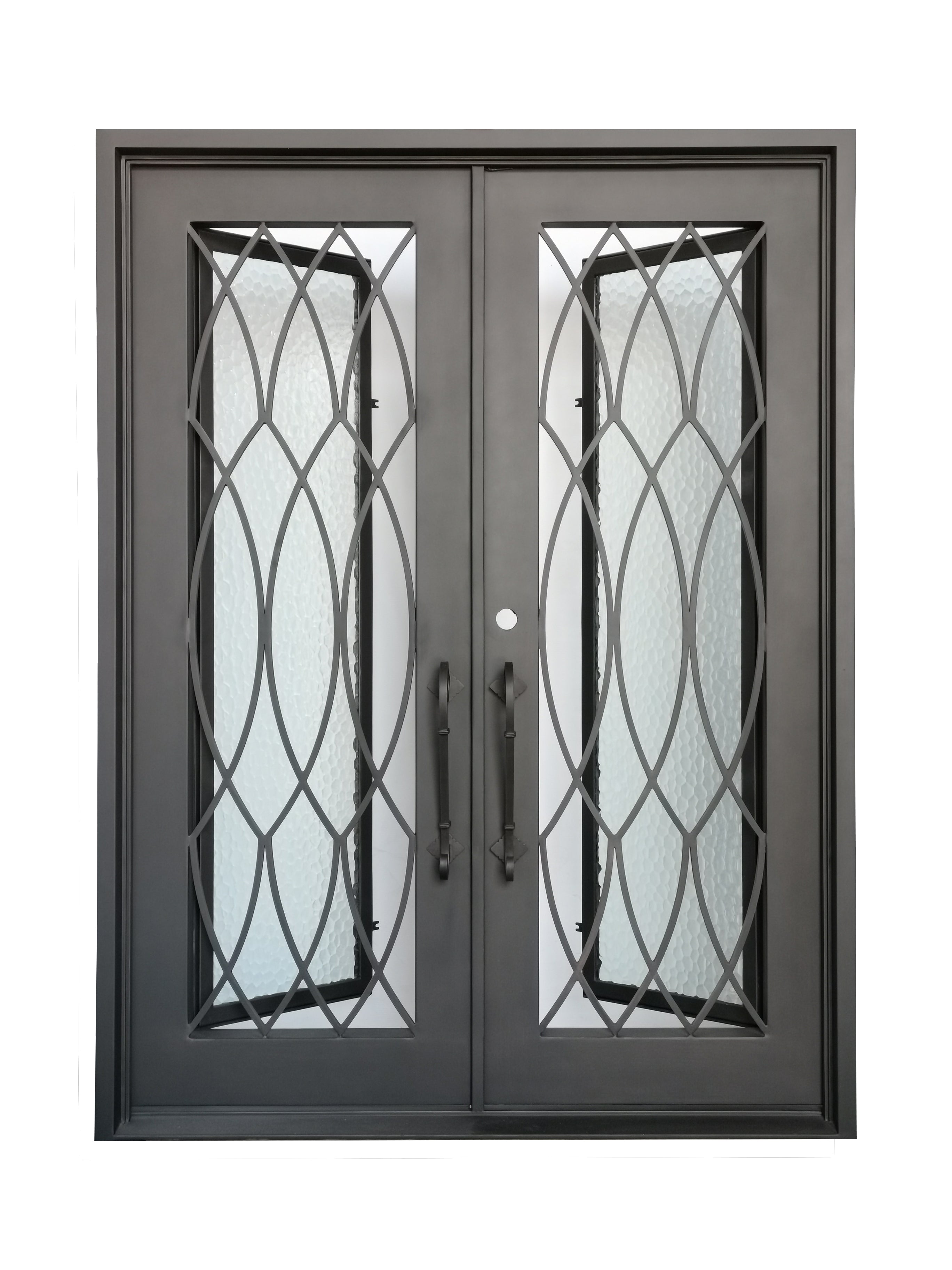 Burleson Model Double Front Entry Iron Door With Tempered Water Cube Glass Dark Bronze Finish - AAWAIZ IMPORTS