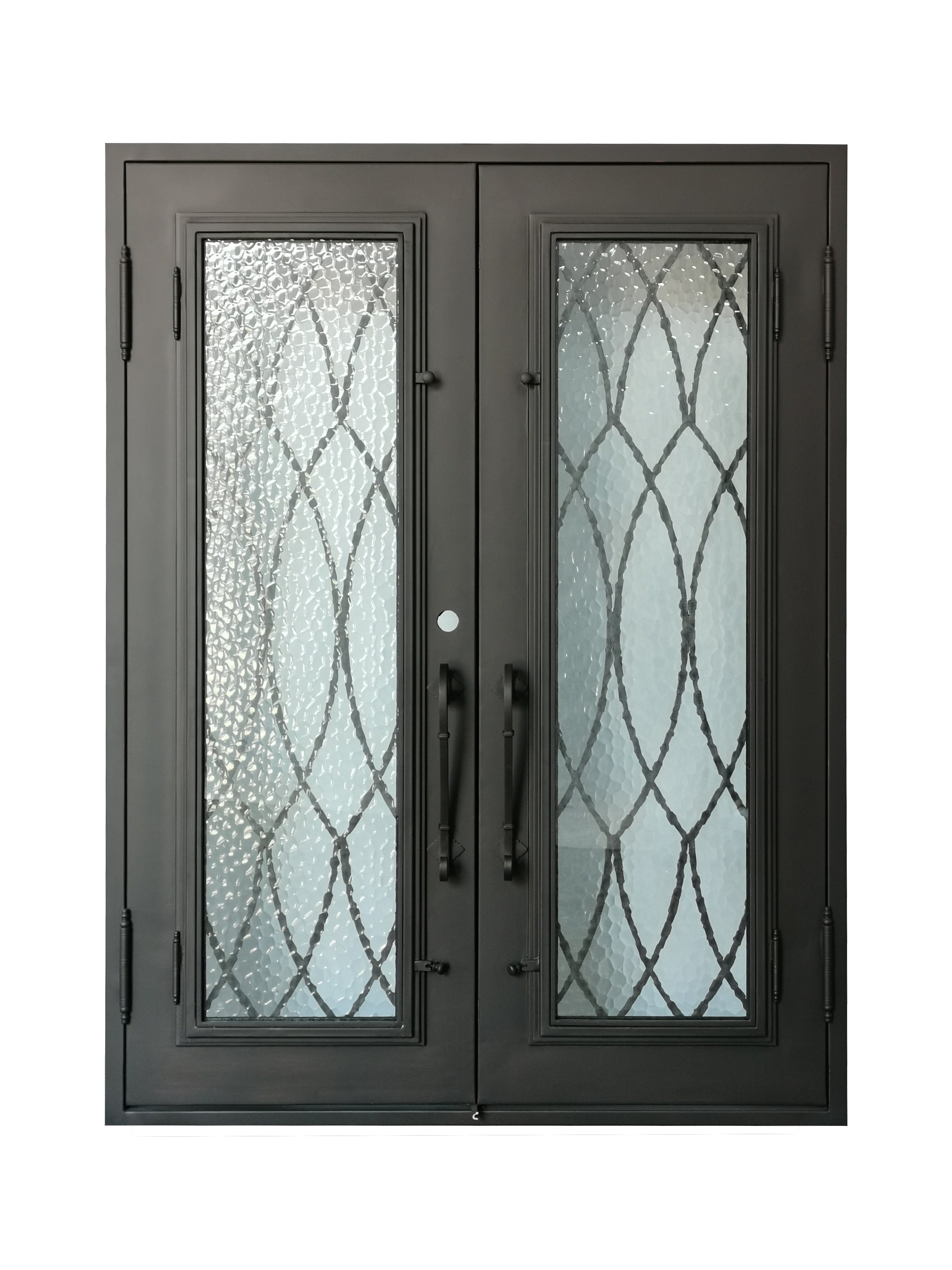 Burleson Model Double Front Entry Iron Door With Tempered Water Cube Glass Dark Bronze Finish - AAWAIZ IMPORTS