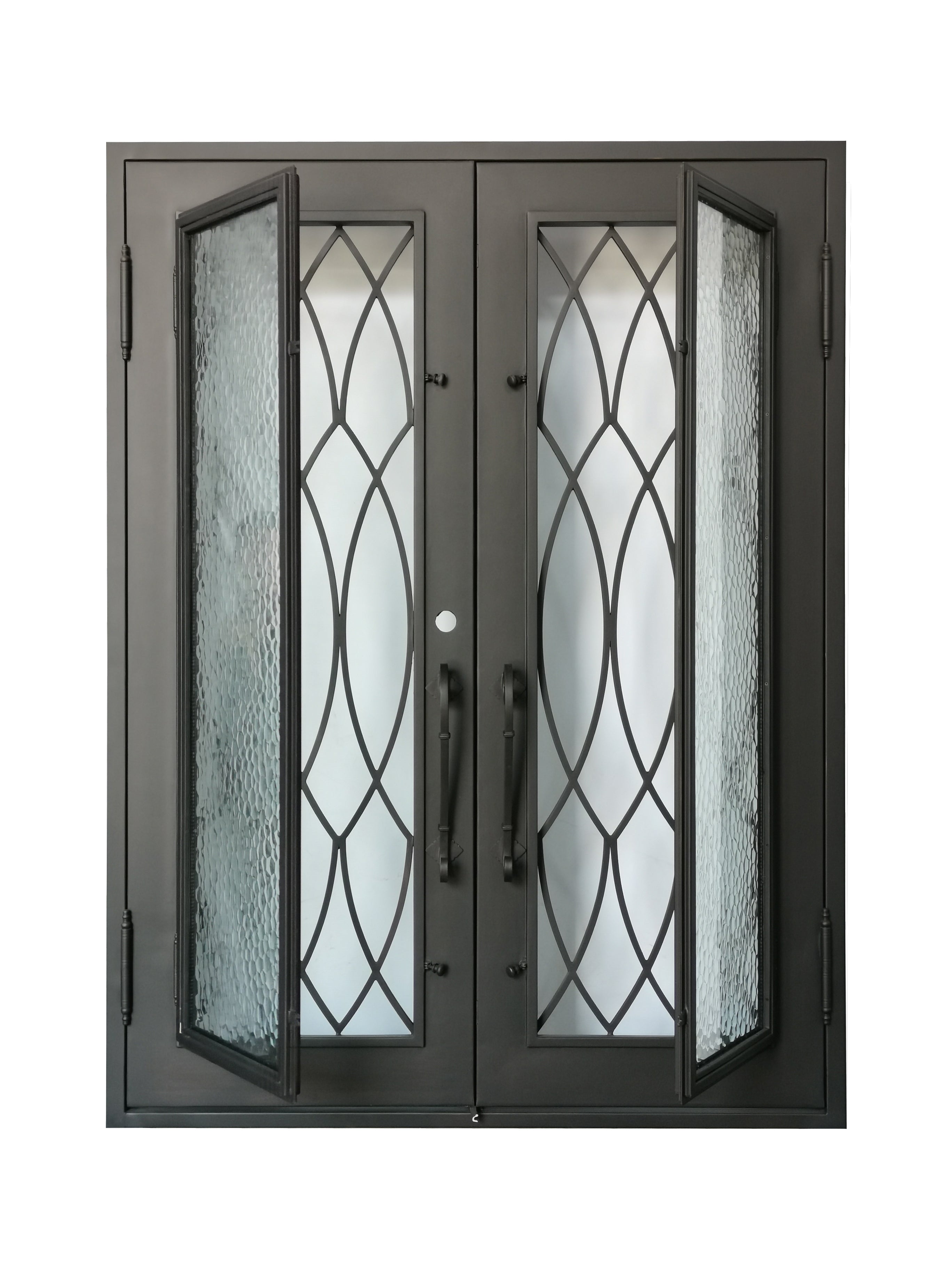 Burleson Model Double Front Entry Iron Door With Tempered Water Cube Glass Dark Bronze Finish - AAWAIZ IMPORTS