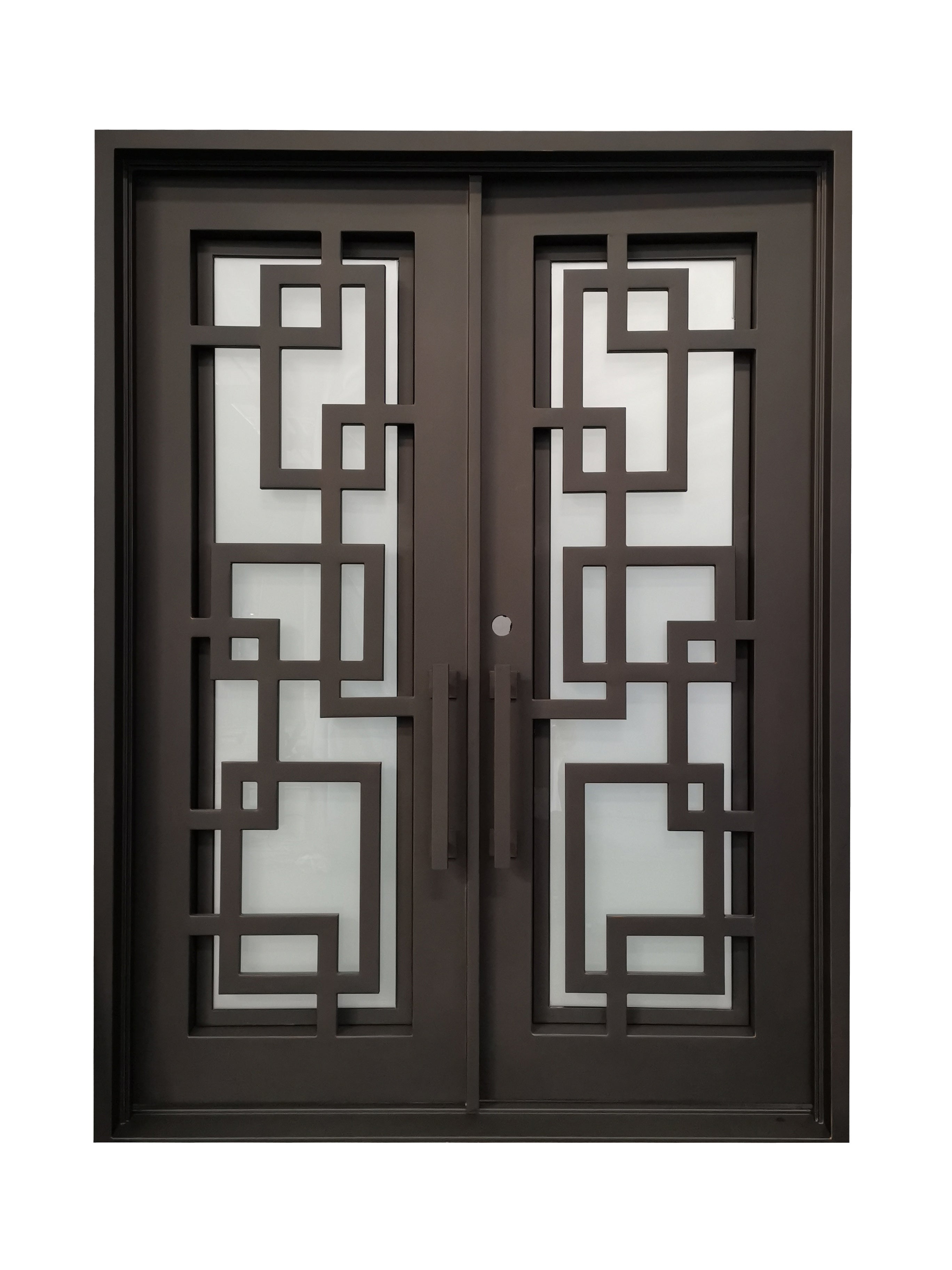 Baytown Model Double Front Entry Iron Door With Tempered Frosted Glass Dark Bronze Finish