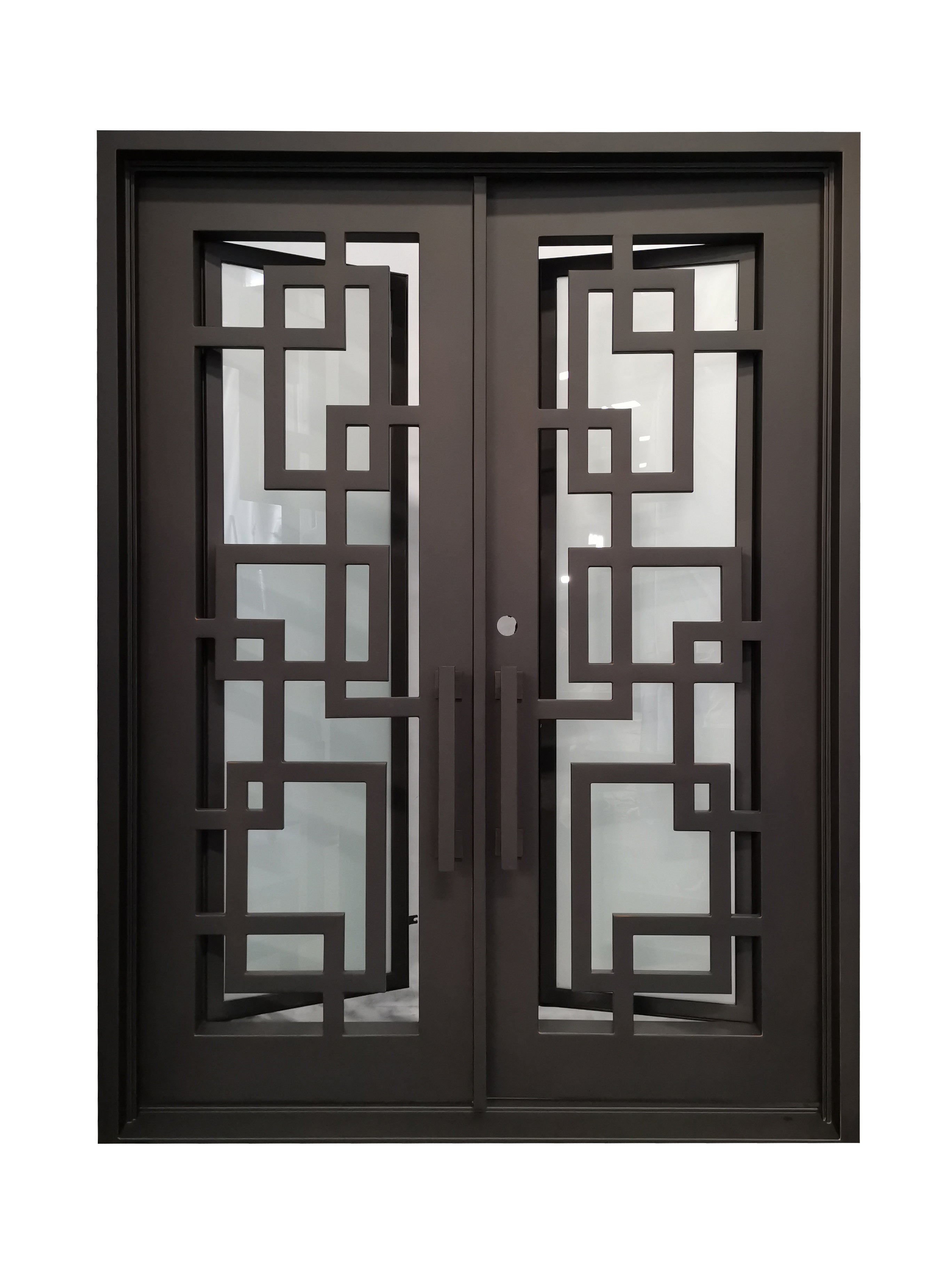 Baytown Model Double Front Entry Iron Door With Tempered Frosted Glass Dark Bronze Finish