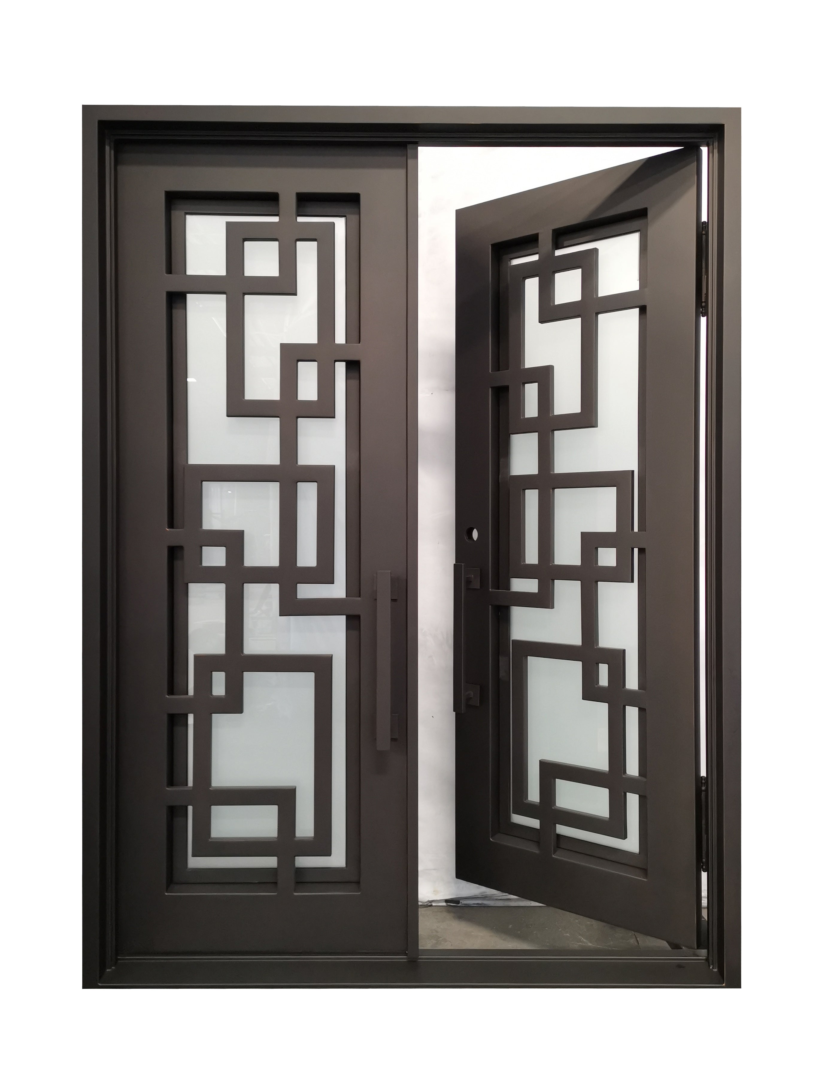 Baytown Model Double Front Entry Iron Door With Tempered Frosted Glass Dark Bronze Finish