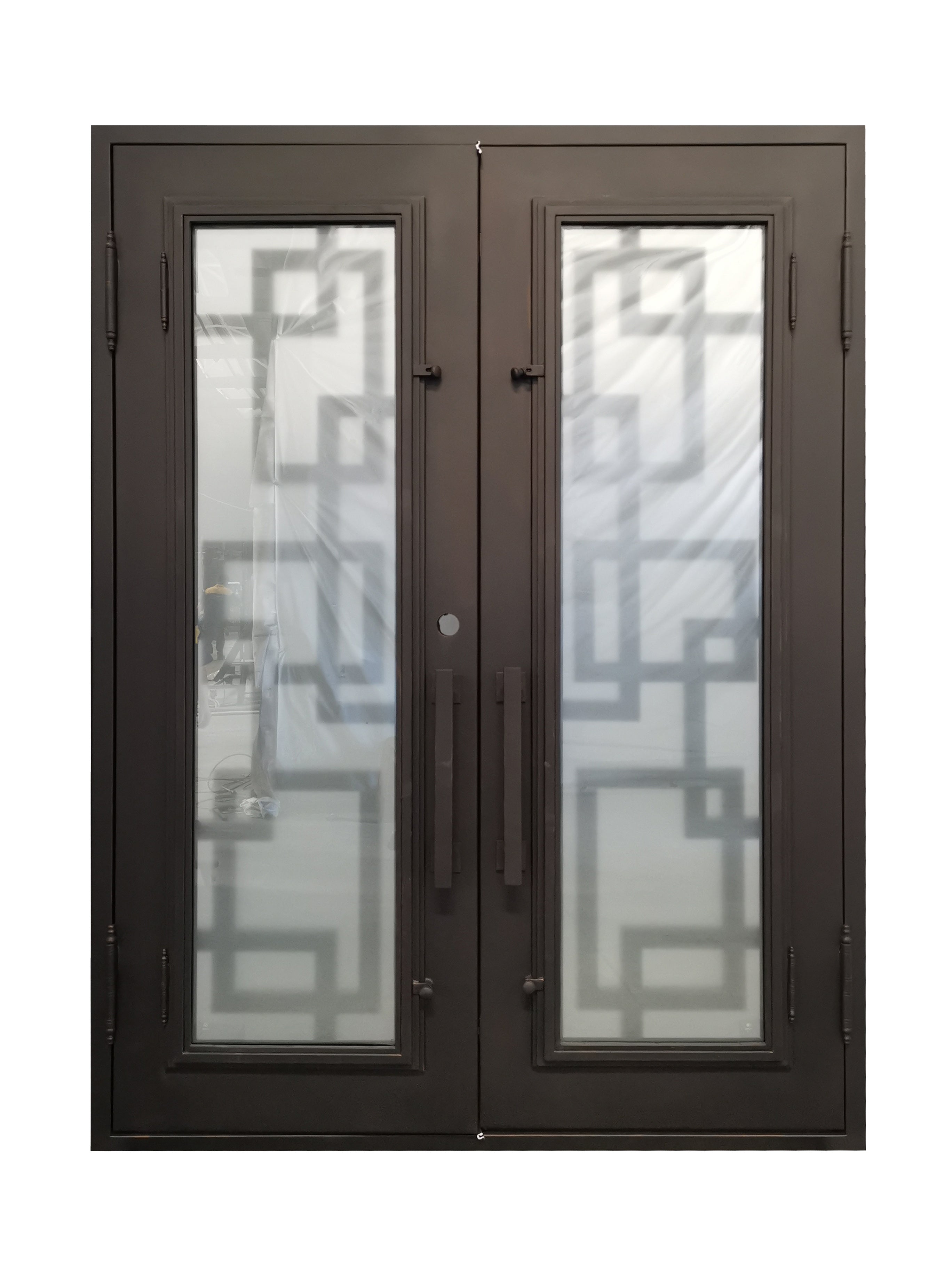 Baytown Model Double Front Entry Iron Door With Tempered Frosted Glass Dark Bronze Finish