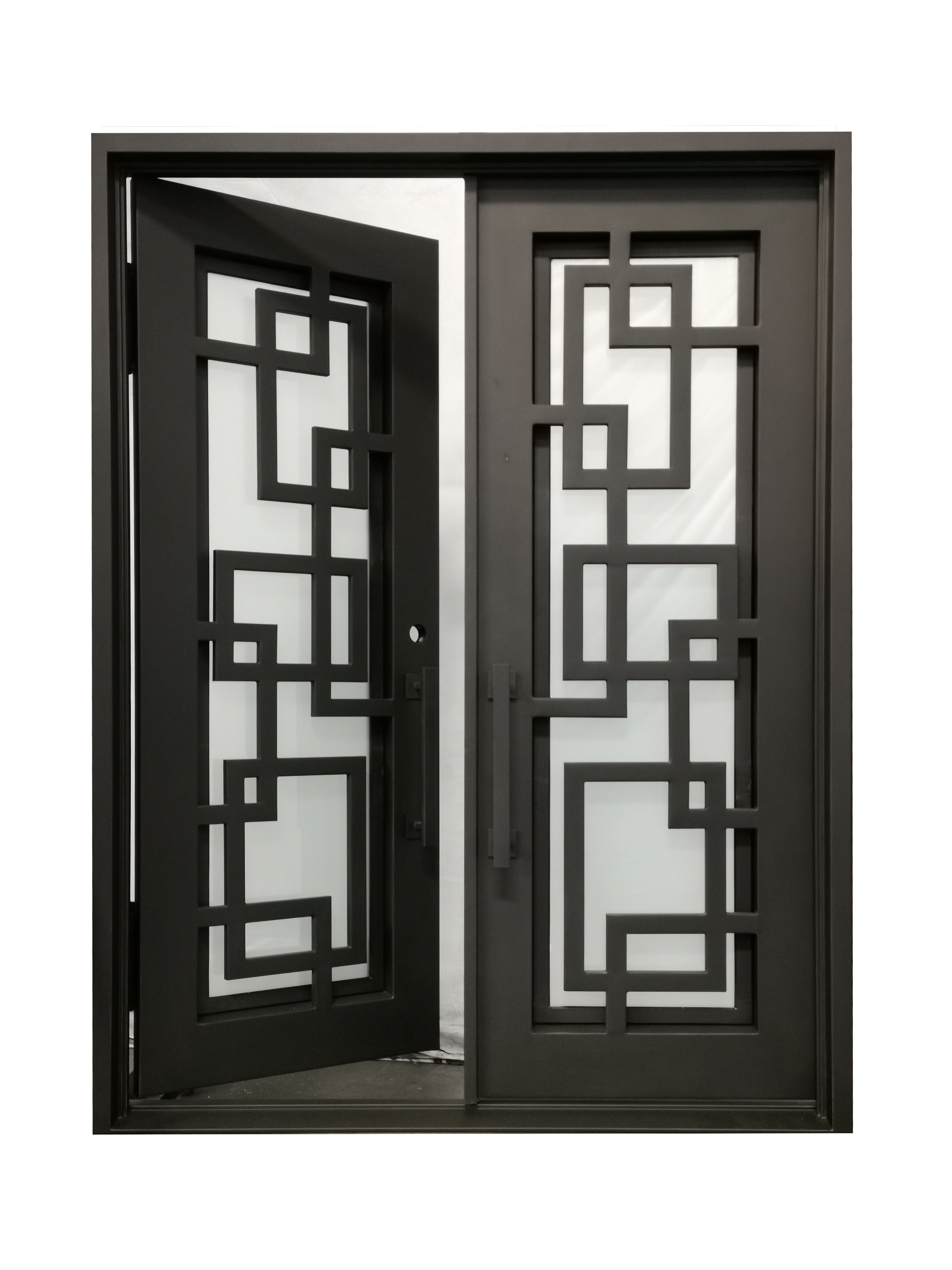 Baytown Model Double Front Entry Iron Door With Tempered Frosted Glass Dark Bronze Finish