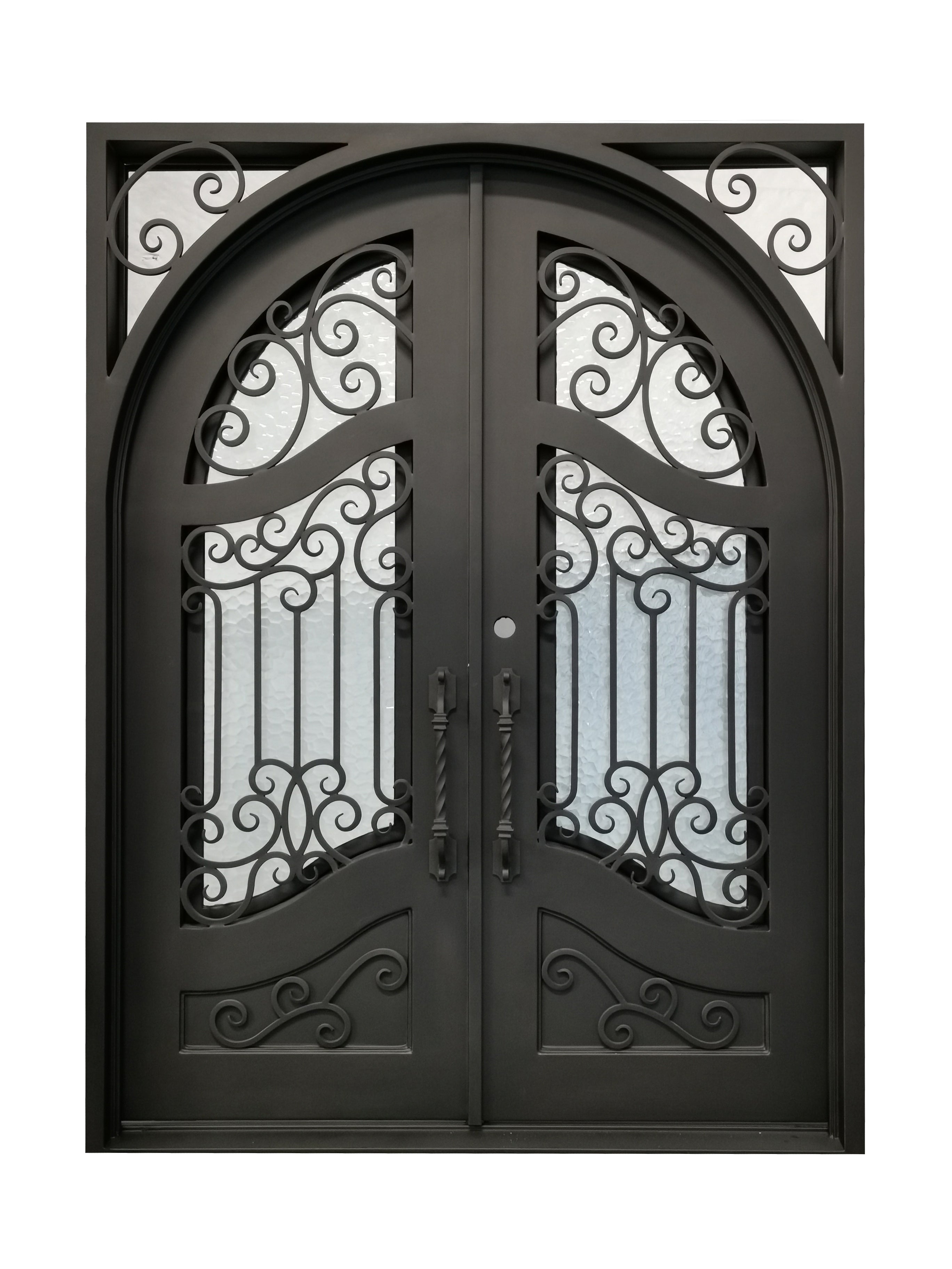 Calvert Model Double Front Entry Iron Door With Tempered Water Cube Glass Dark Bronze Finish