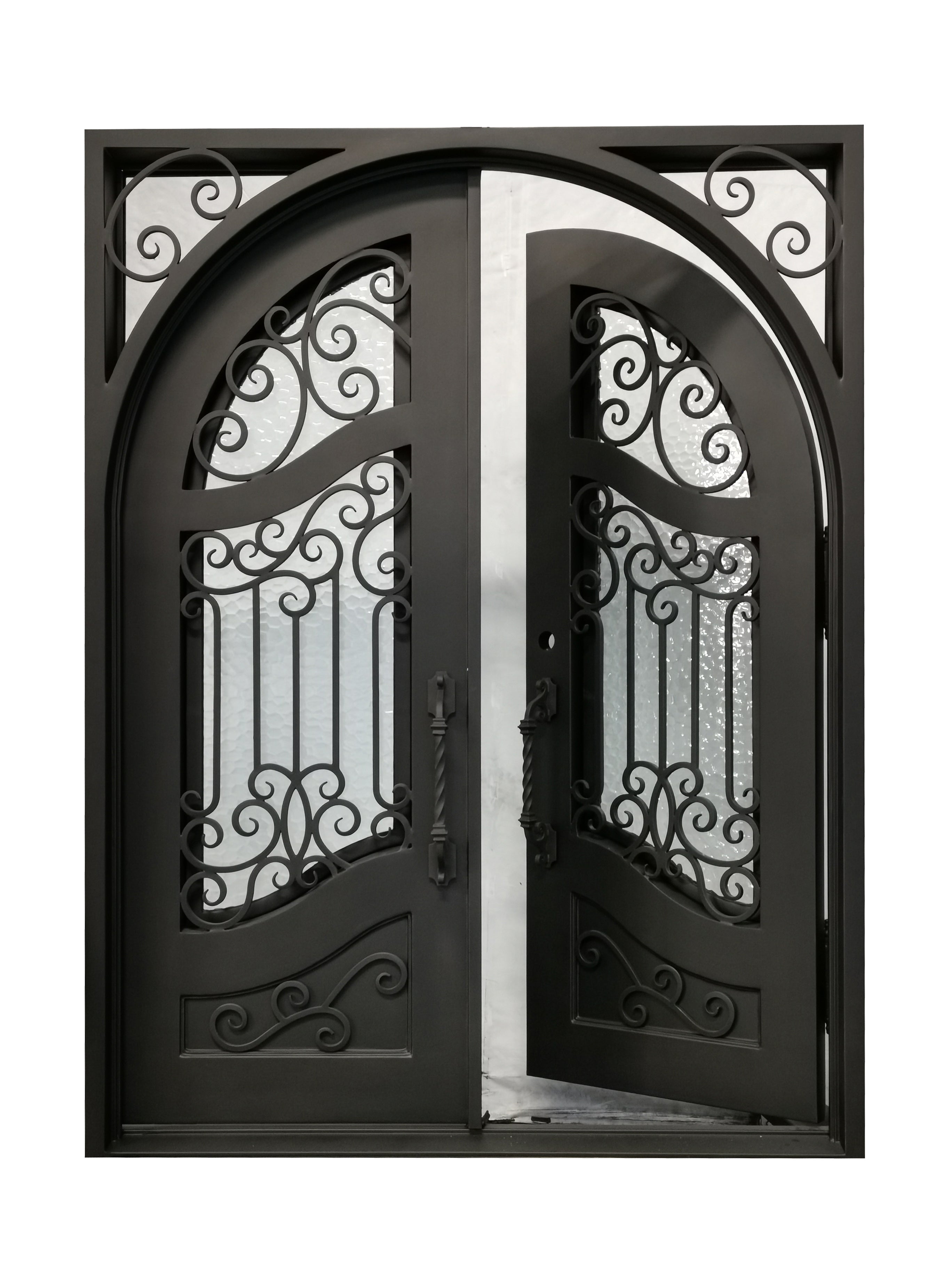 Calvert Model Double Front Entry Iron Door With Tempered Water Cube Glass Dark Bronze Finish