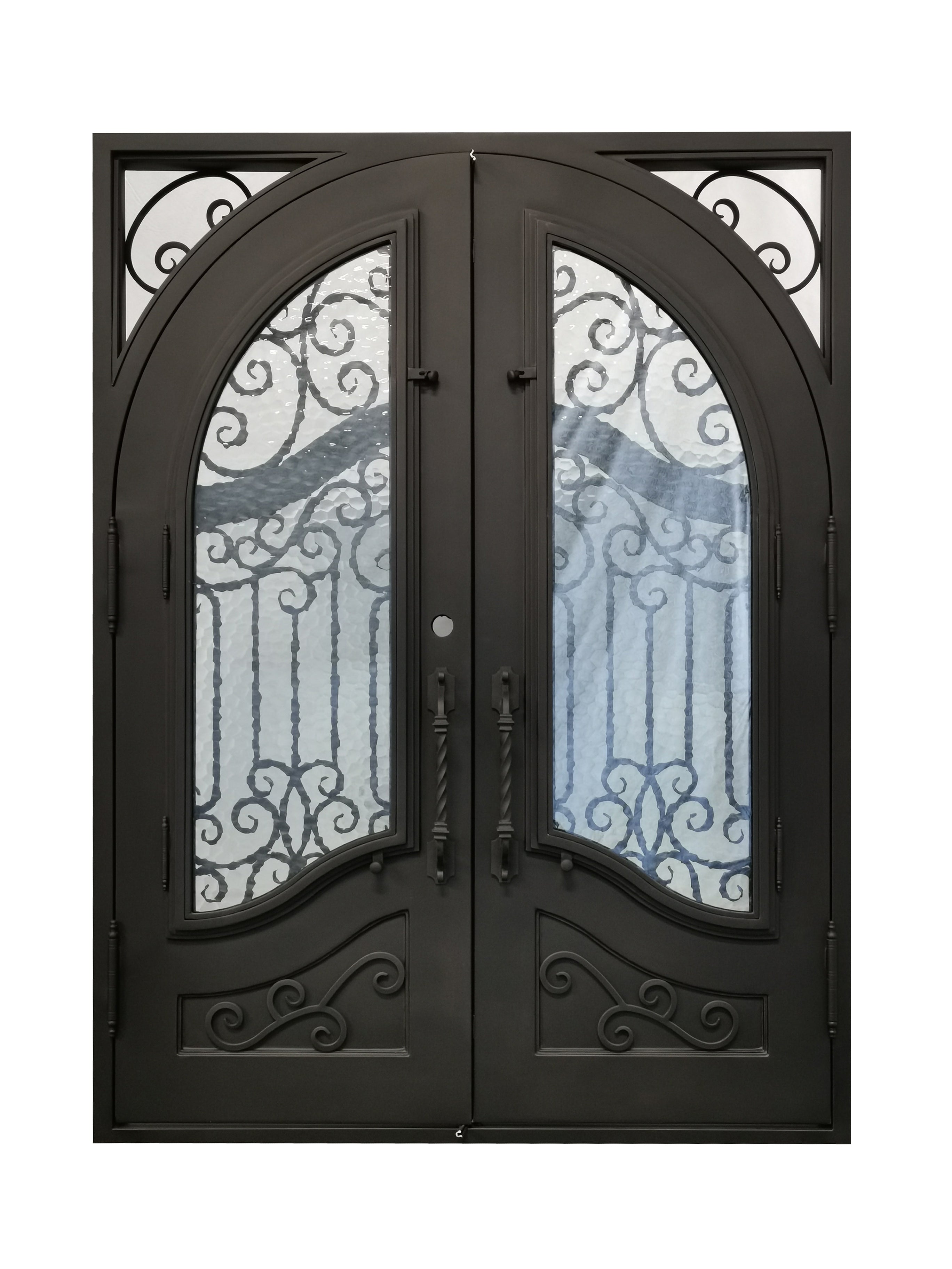 Calvert Model Double Front Entry Iron Door With Tempered Water Cube Glass Dark Bronze Finish