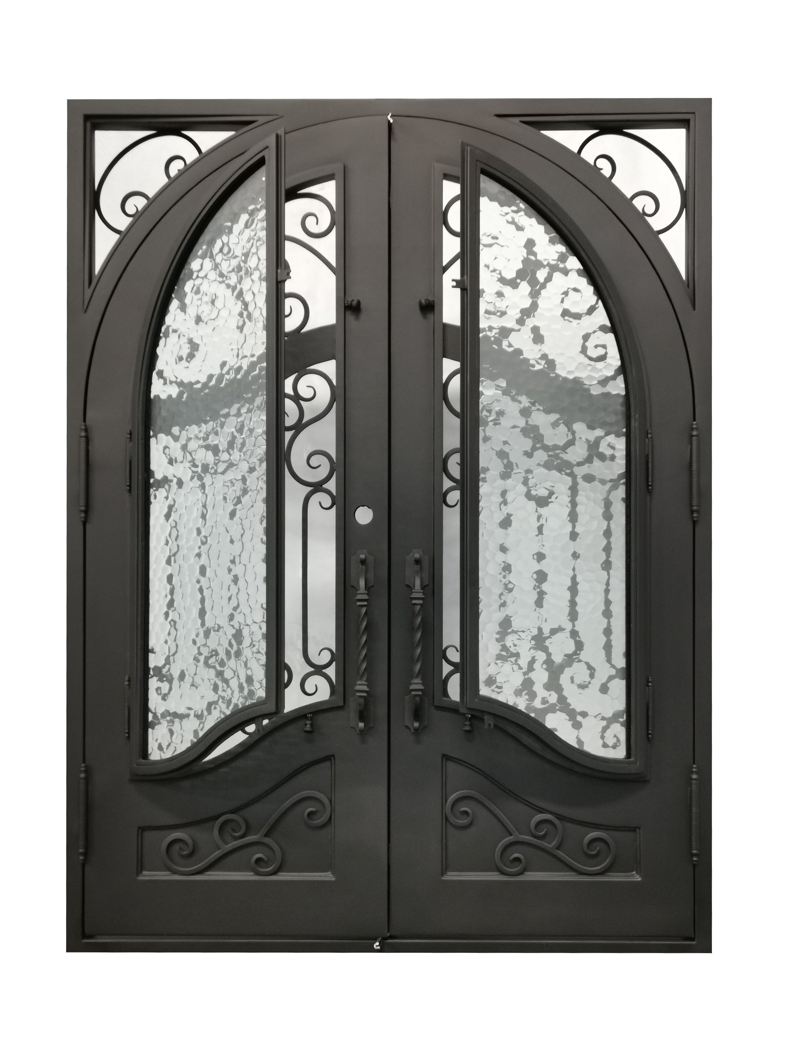 Calvert Model Double Front Entry Iron Door With Tempered Water Cube Glass Dark Bronze Finish