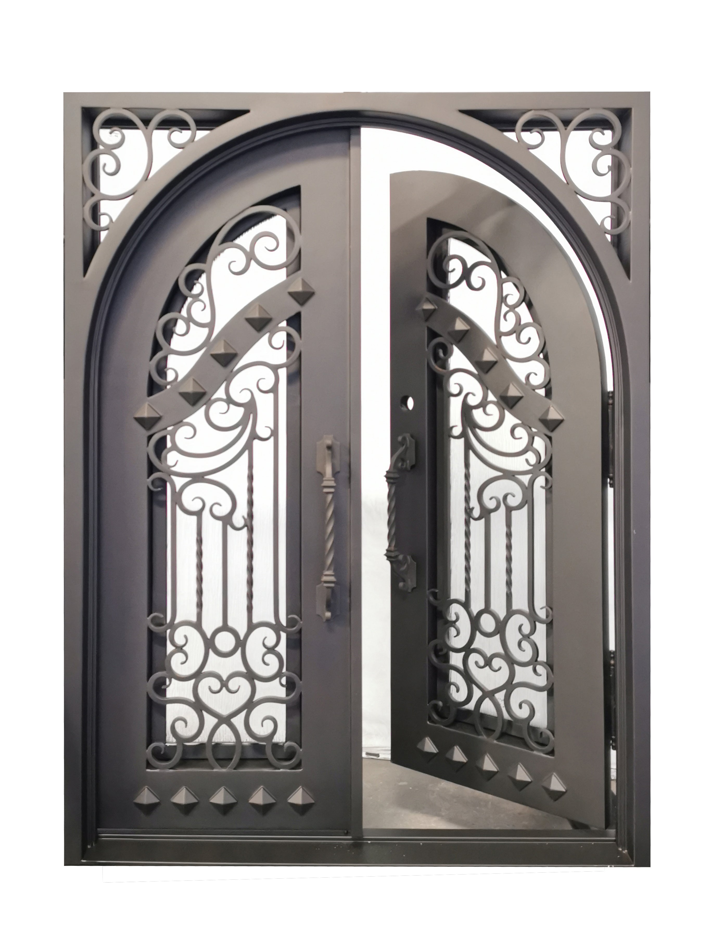 Cresson Model Double Front Entry Iron Door With Tempered Rain Glass Dark Bronze Finish - AAWAIZ IMPORTS