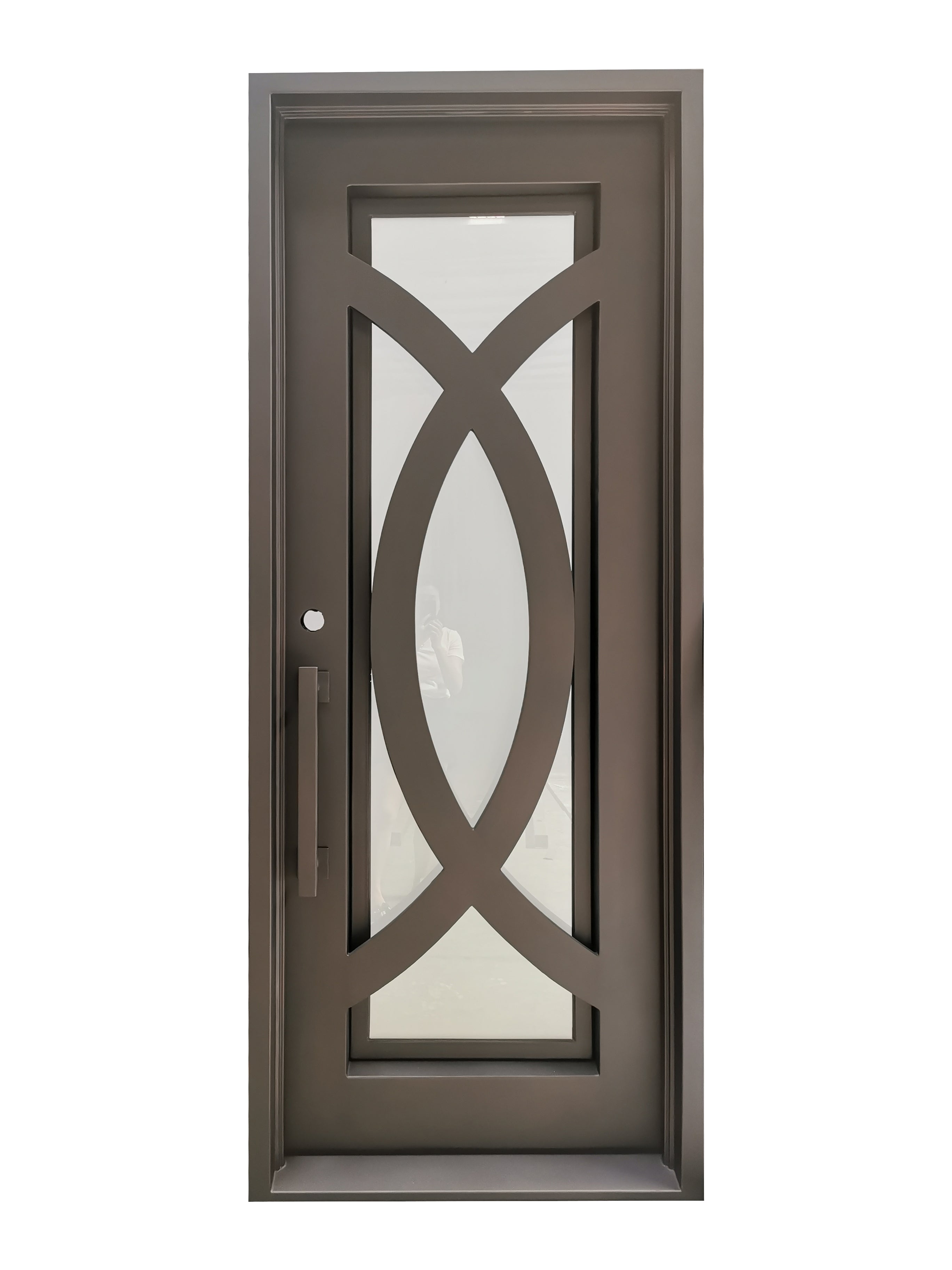 Bellevue Model Pre Hung Single Front Entry Wrought Iron Door With Frosted Glass Dark Bronze Finish