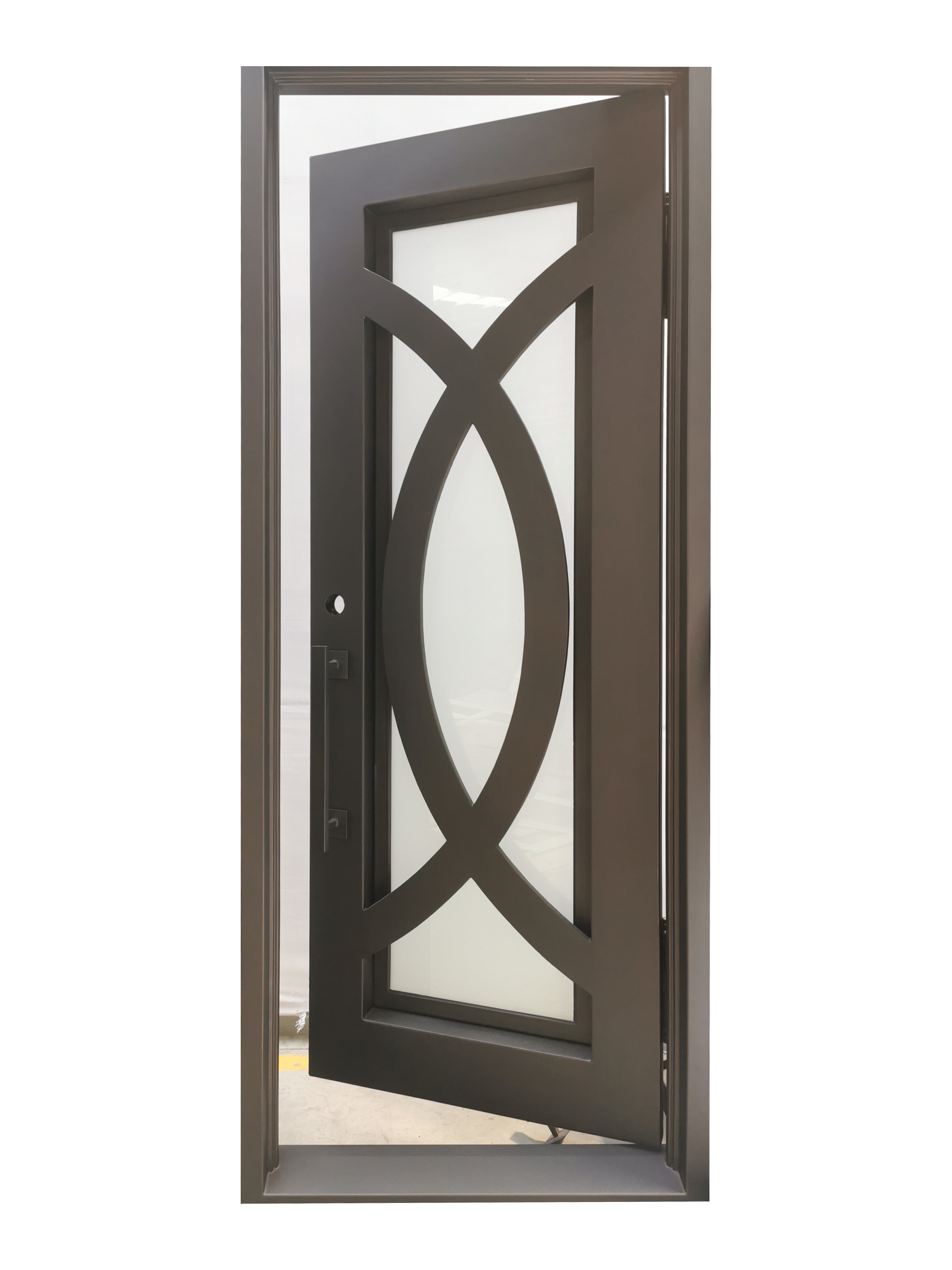 Bellevue Model Pre Hung Single Front Entry Wrought Iron Door With Frosted Glass Dark Bronze Finish