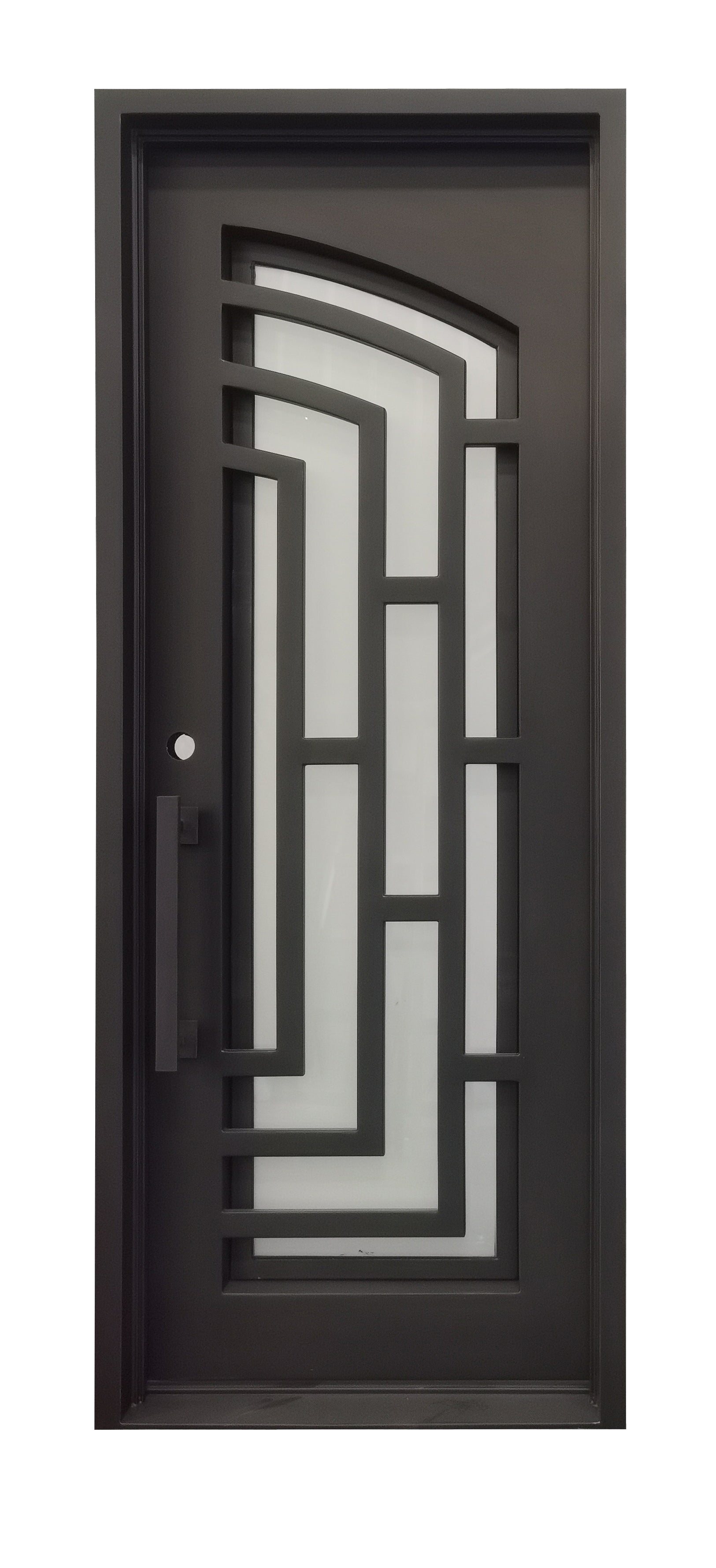 Belton Model Pre Hung Single Front Entry Wrought Iron Door With Frosted Glass Dark Bronze Finish