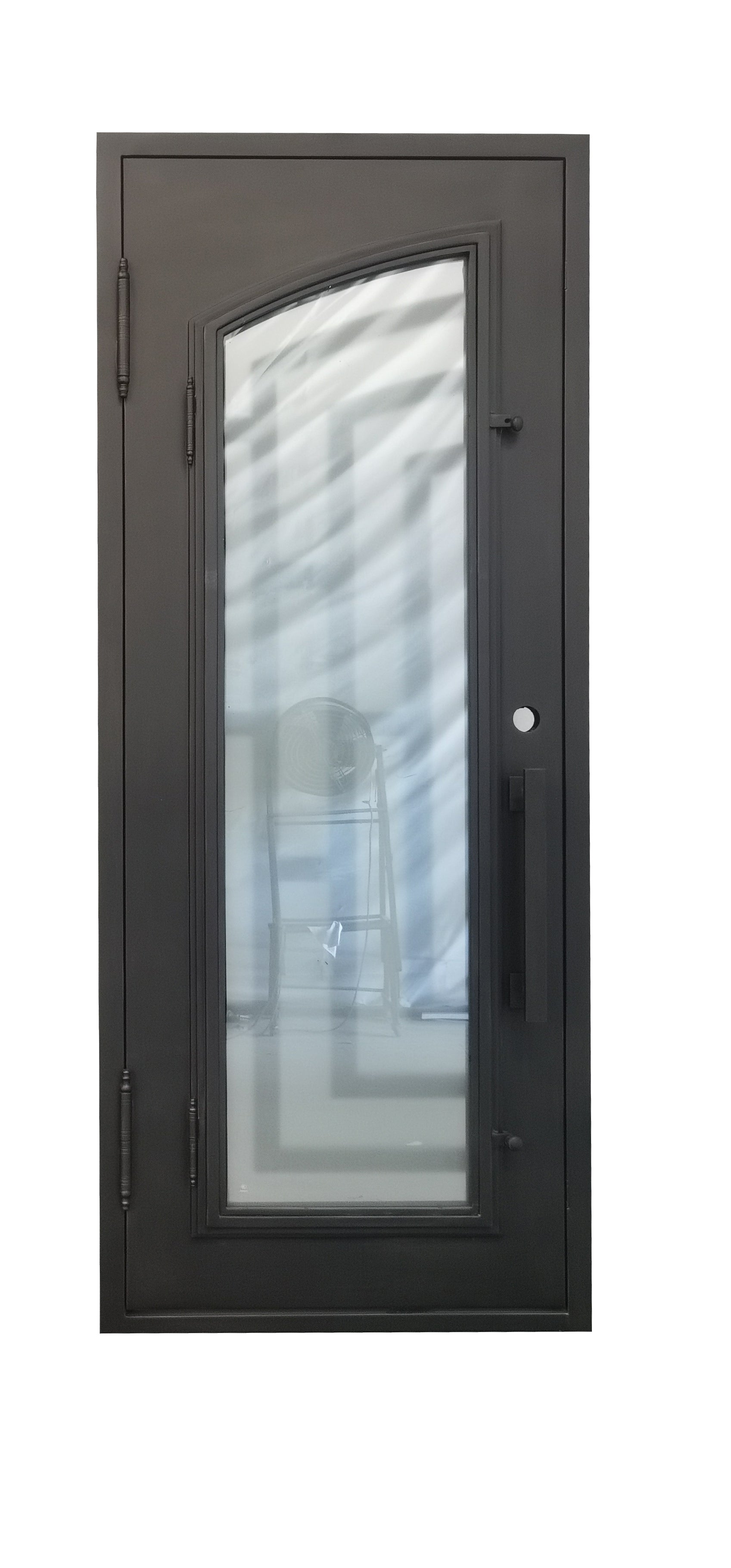 Belton Model Pre Hung Single Front Entry Wrought Iron Door With Frosted Glass Dark Bronze Finish