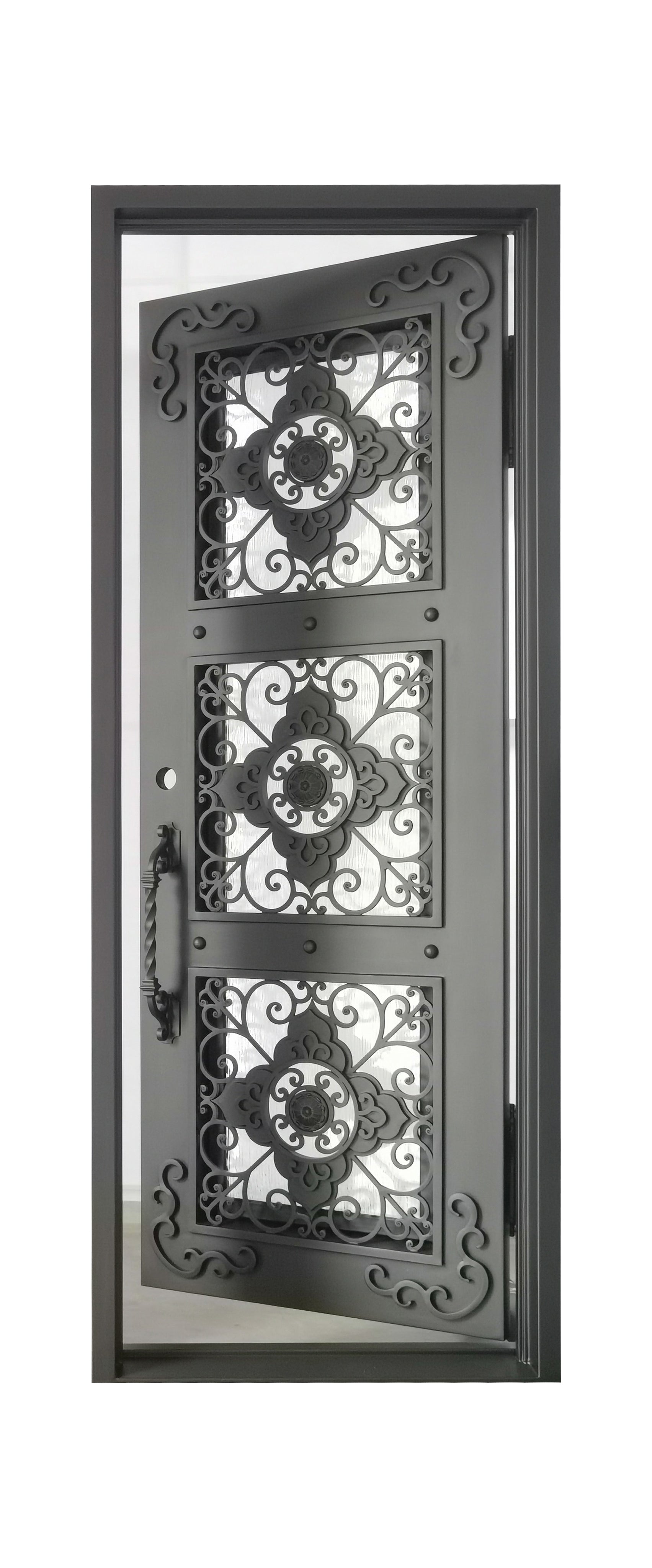 Allen Model Pre Hung Single Front Entry Wrought Iron Door With Water Rain Glass Dark Bronze Finish