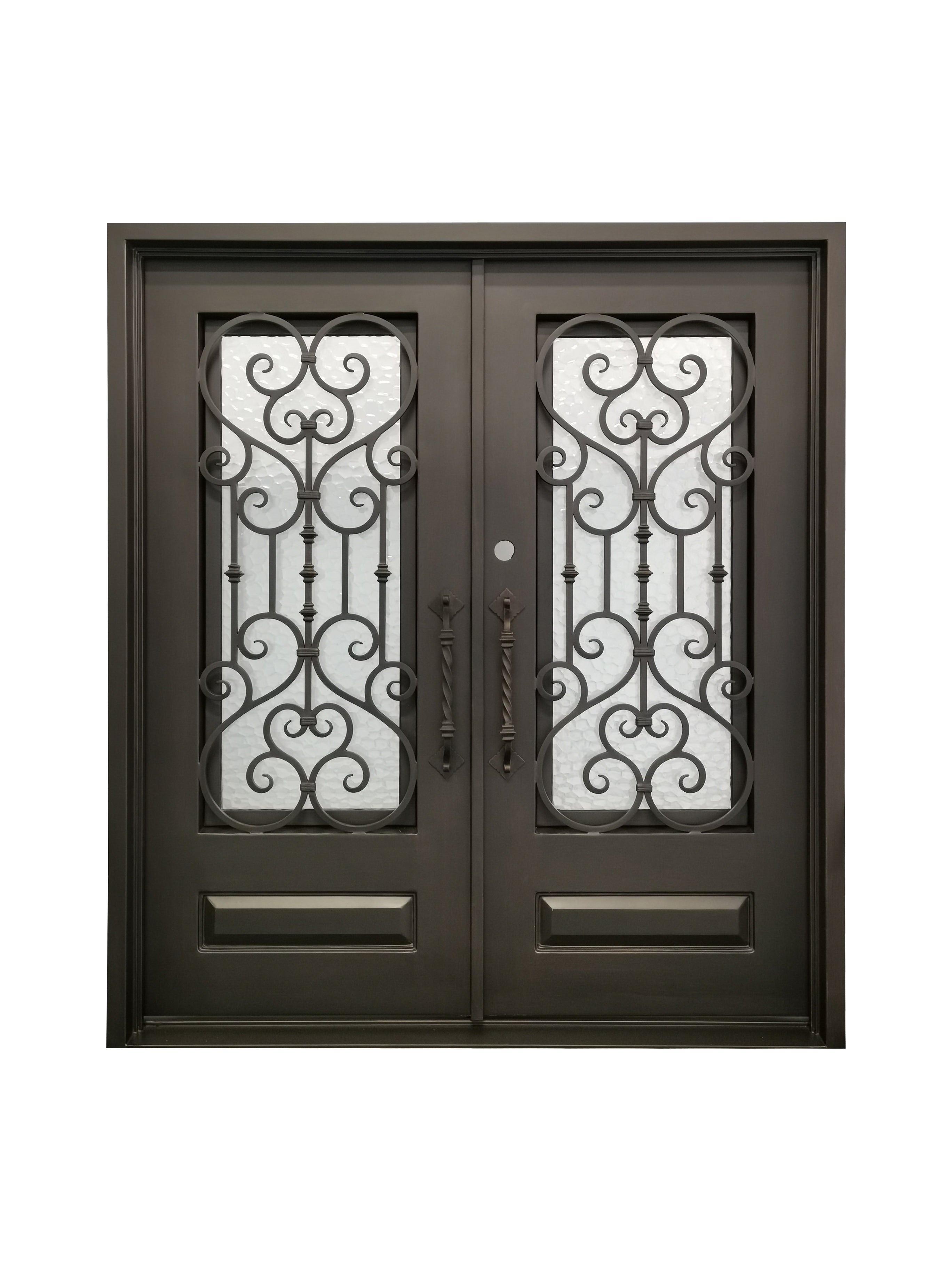 Bellmead Model Double Front Entry Iron Door With Tempered Water Cube Glass Dark Bronze Finish - AAWAIZ IMPORTS