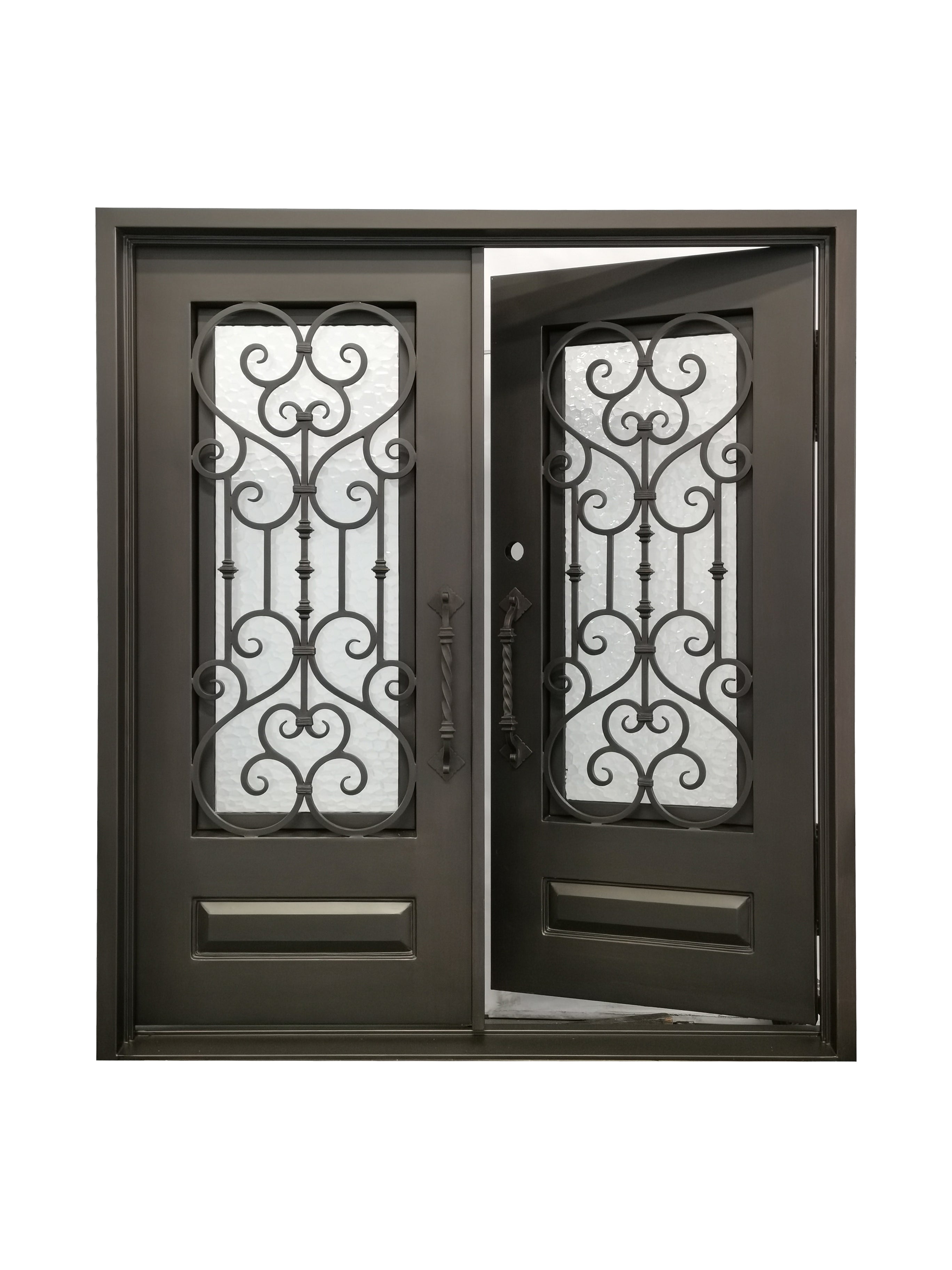 Bellmead Model Double Front Entry Iron Door With Tempered Water Cube Glass Dark Bronze Finish - AAWAIZ IMPORTS