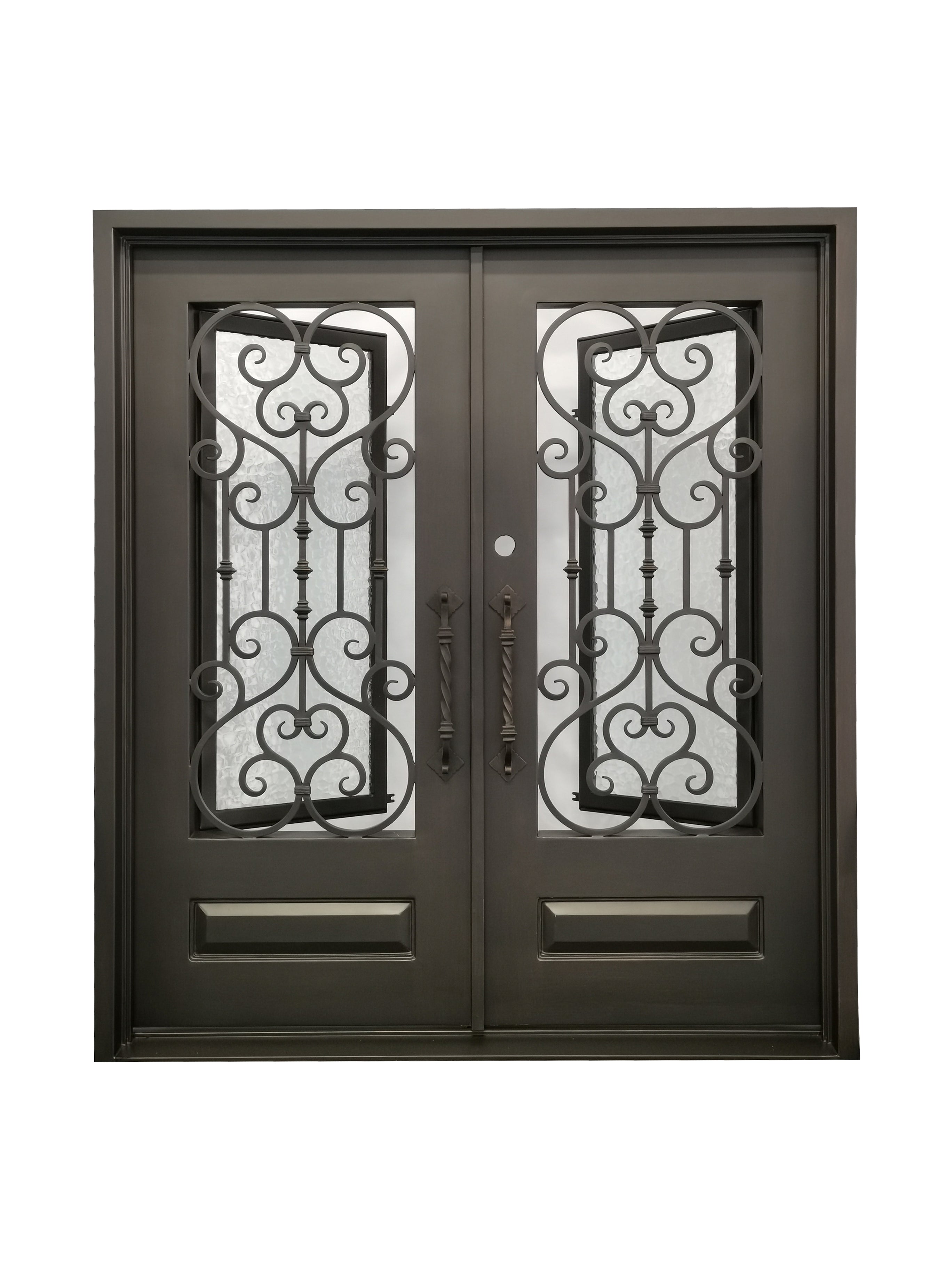 Bellmead Model Double Front Entry Iron Door With Tempered Water Cube Glass Dark Bronze Finish - AAWAIZ IMPORTS