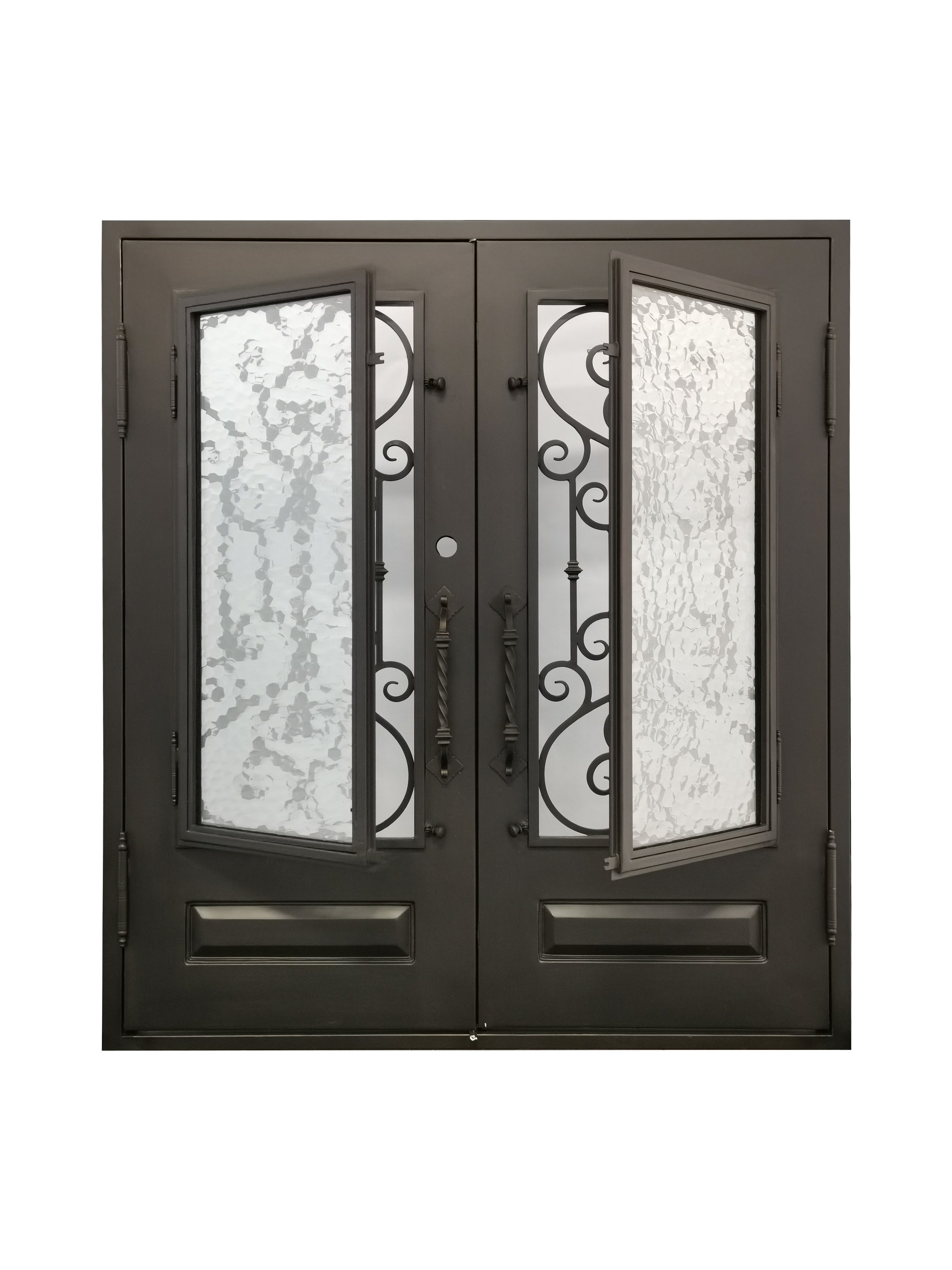 Bellmead Model Double Front Entry Iron Door With Tempered Water Cube Glass Dark Bronze Finish - AAWAIZ IMPORTS