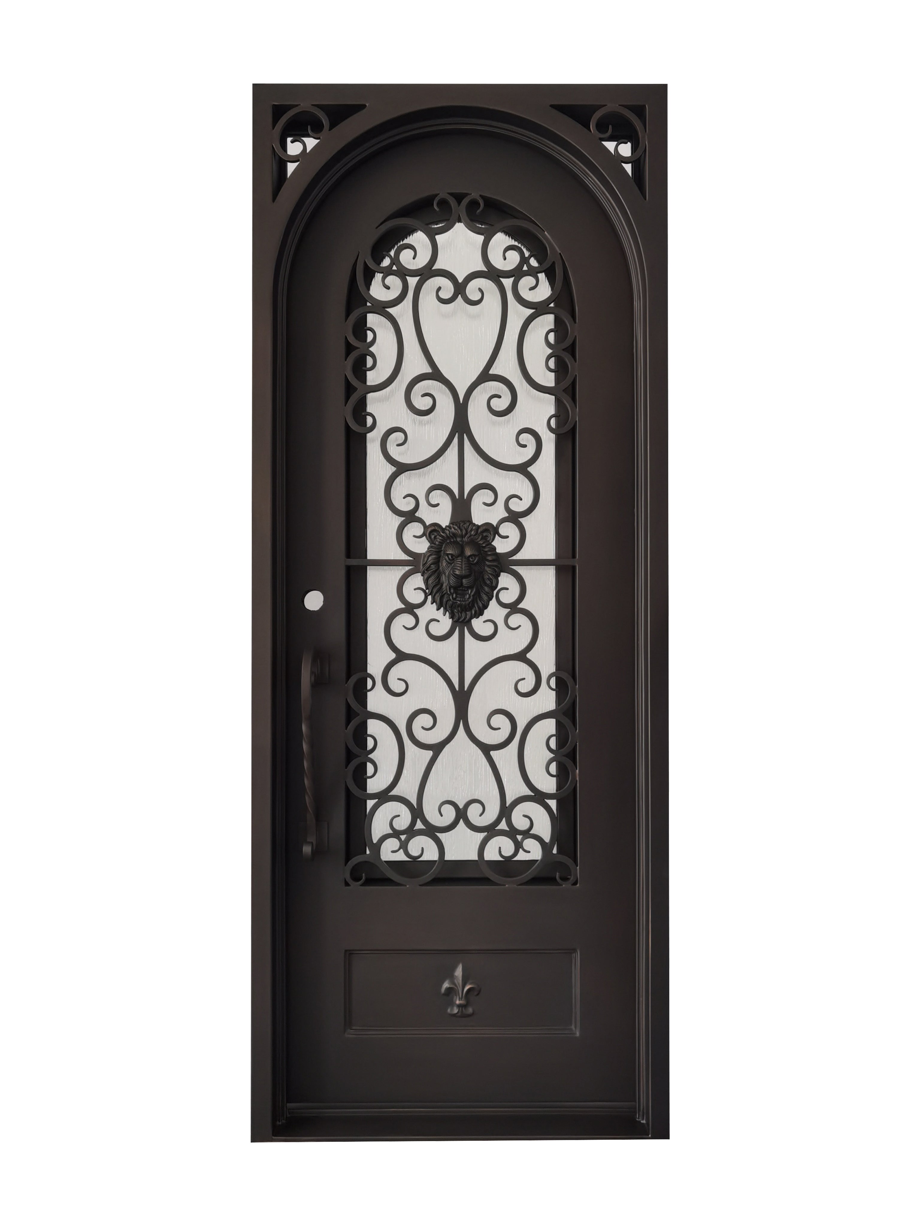 Coppell Pre Hung Single Front Entry Wrought Iron Door With Rain Glass Dark Bronze Finish