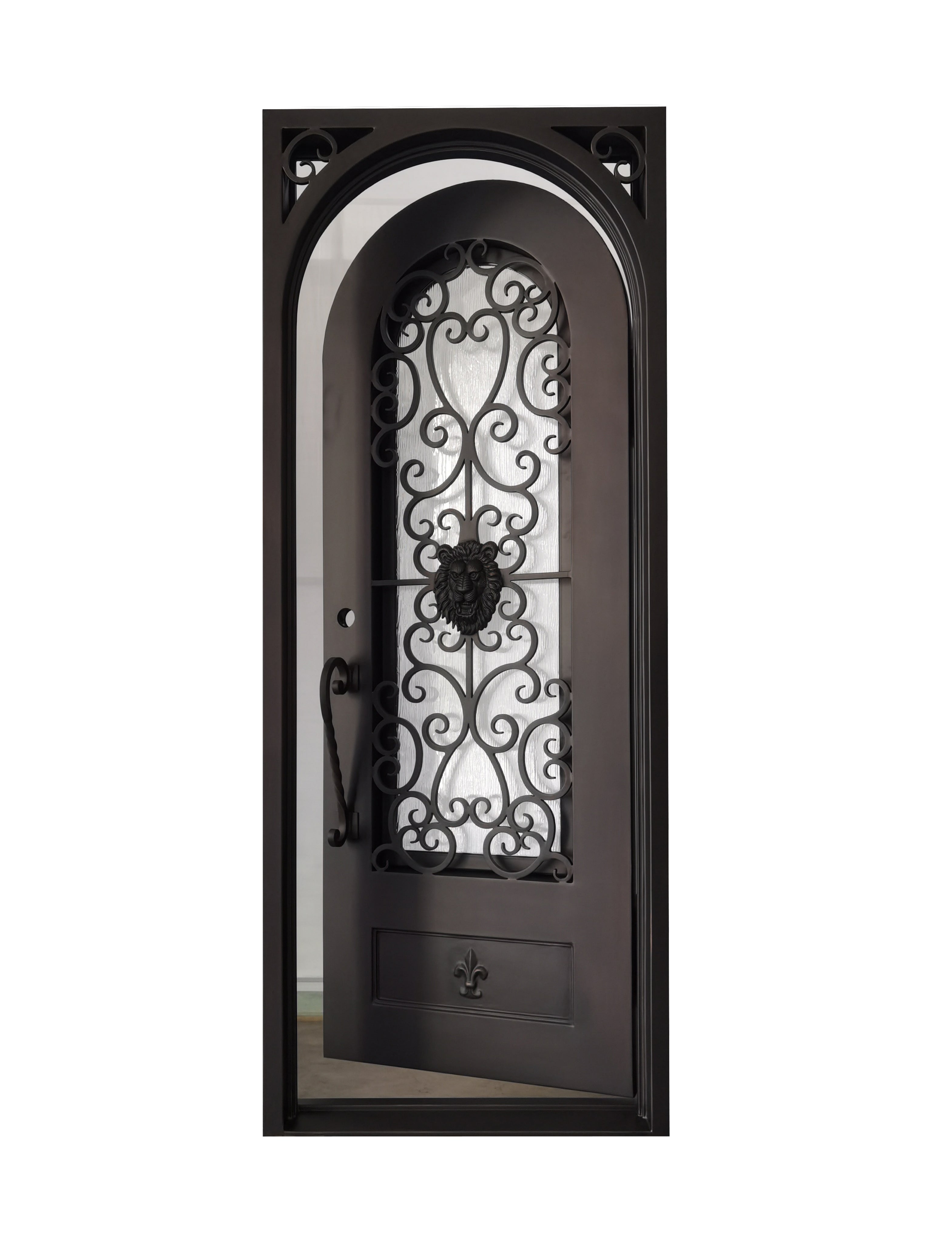 Coppell Pre Hung Single Front Entry Wrought Iron Door With Rain Glass Dark Bronze Finish