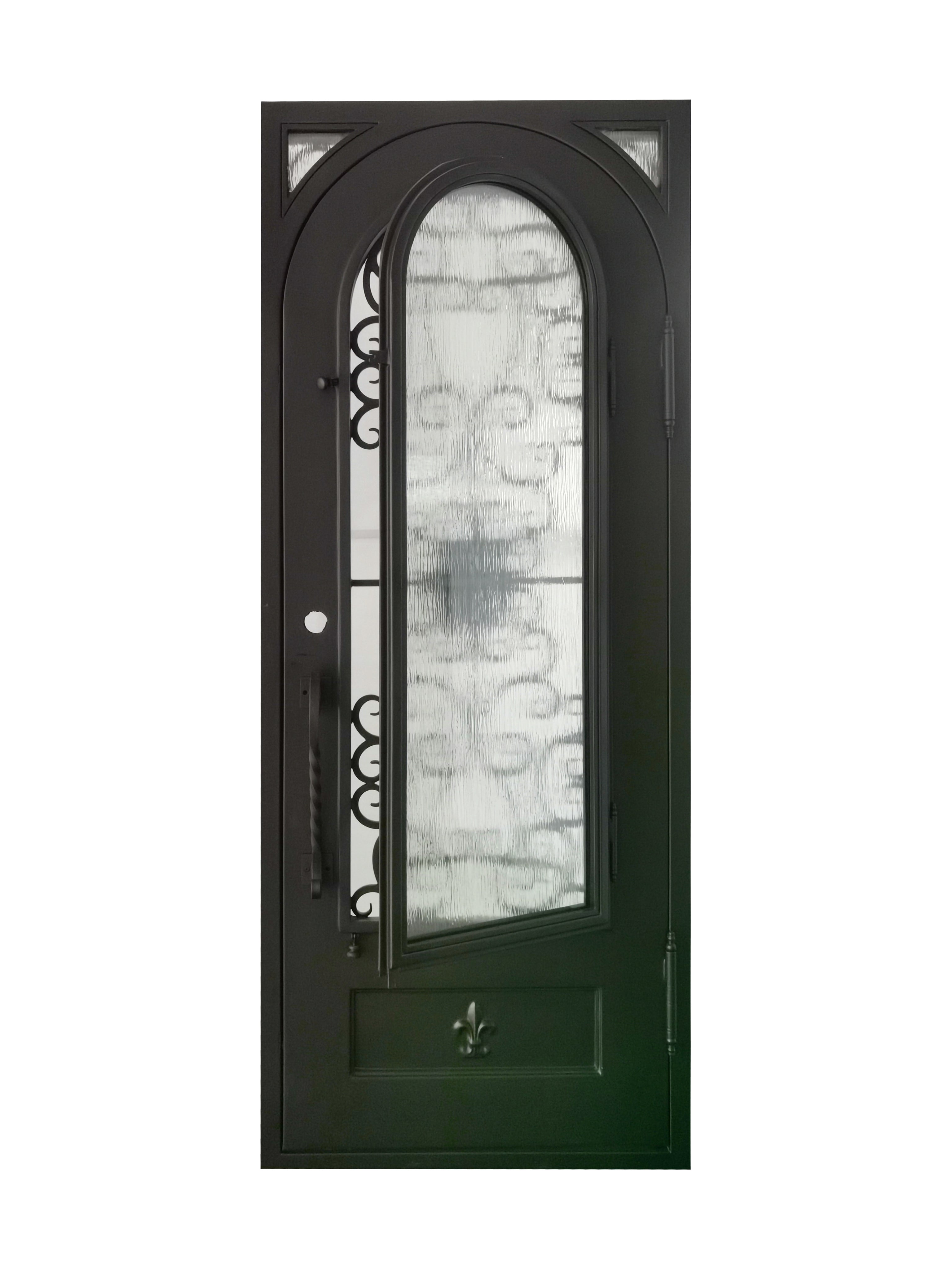 Coppell Pre Hung Single Front Entry Wrought Iron Door With Rain Glass Dark Bronze Finish