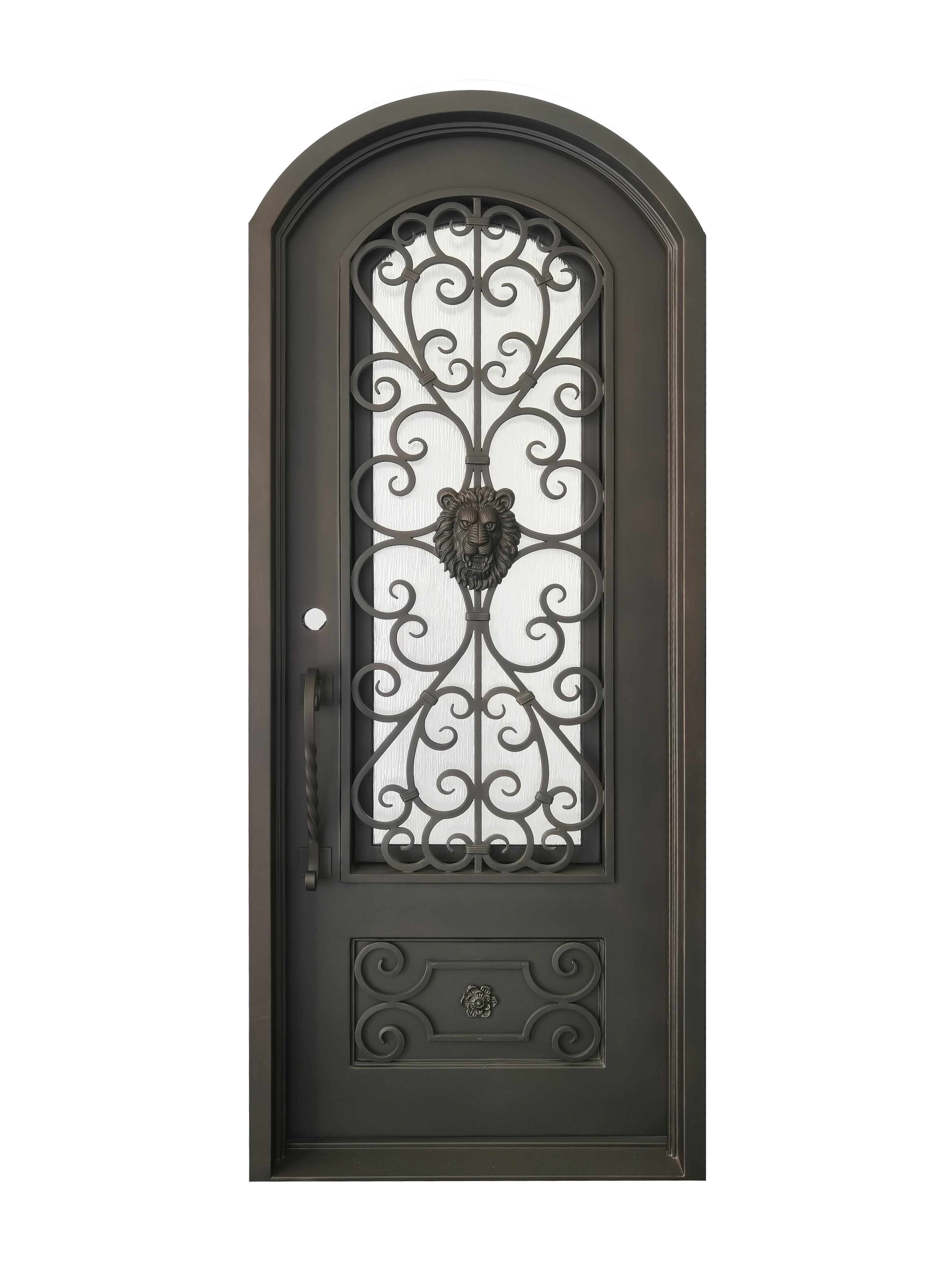 Princeton Model Pre Hung Single Front Entry Wrought Iron Door With Rain Glass Dark Bronze Finish