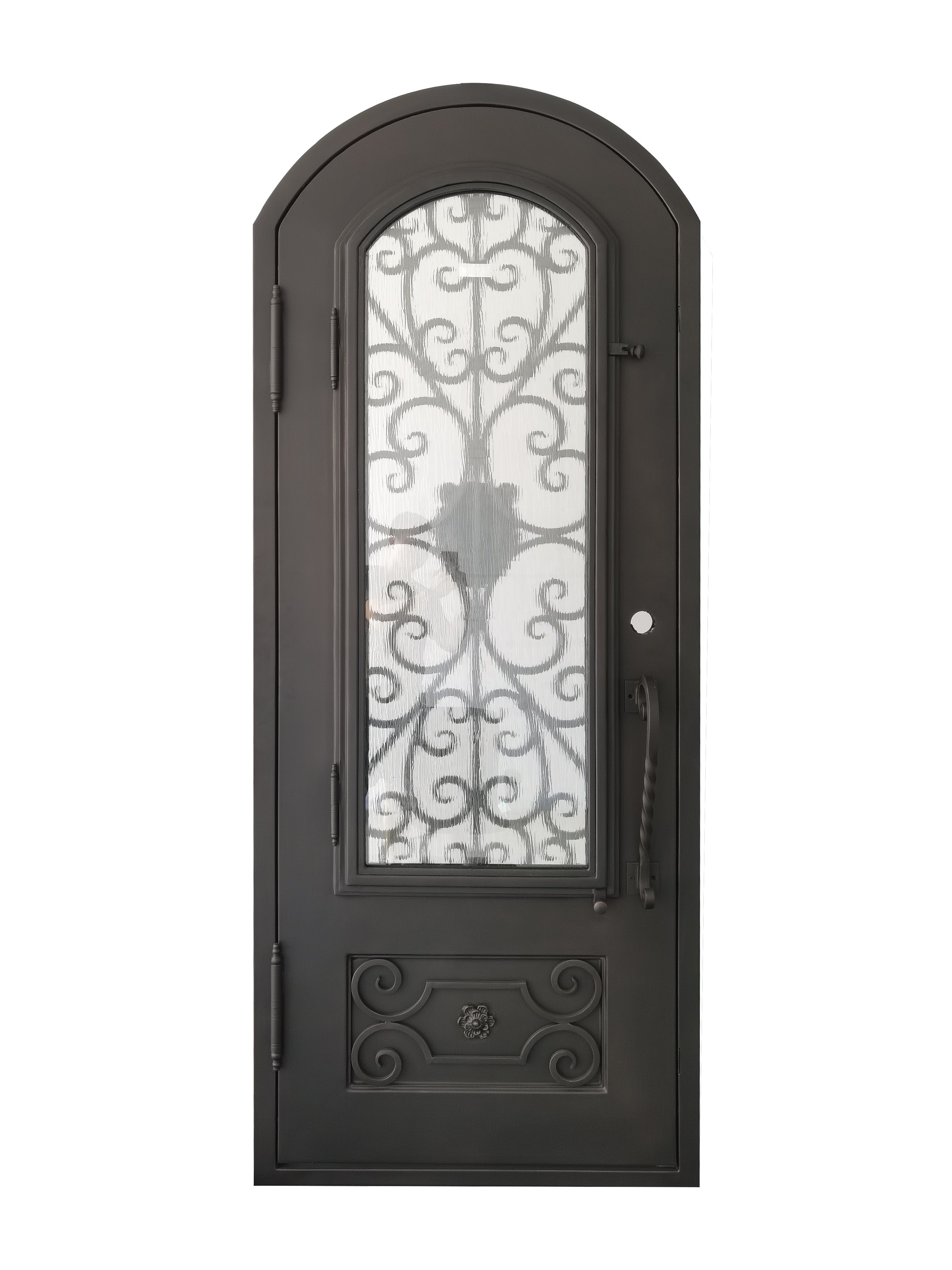 Princeton Model Pre Hung Single Front Entry Wrought Iron Door With Rain Glass Dark Bronze Finish