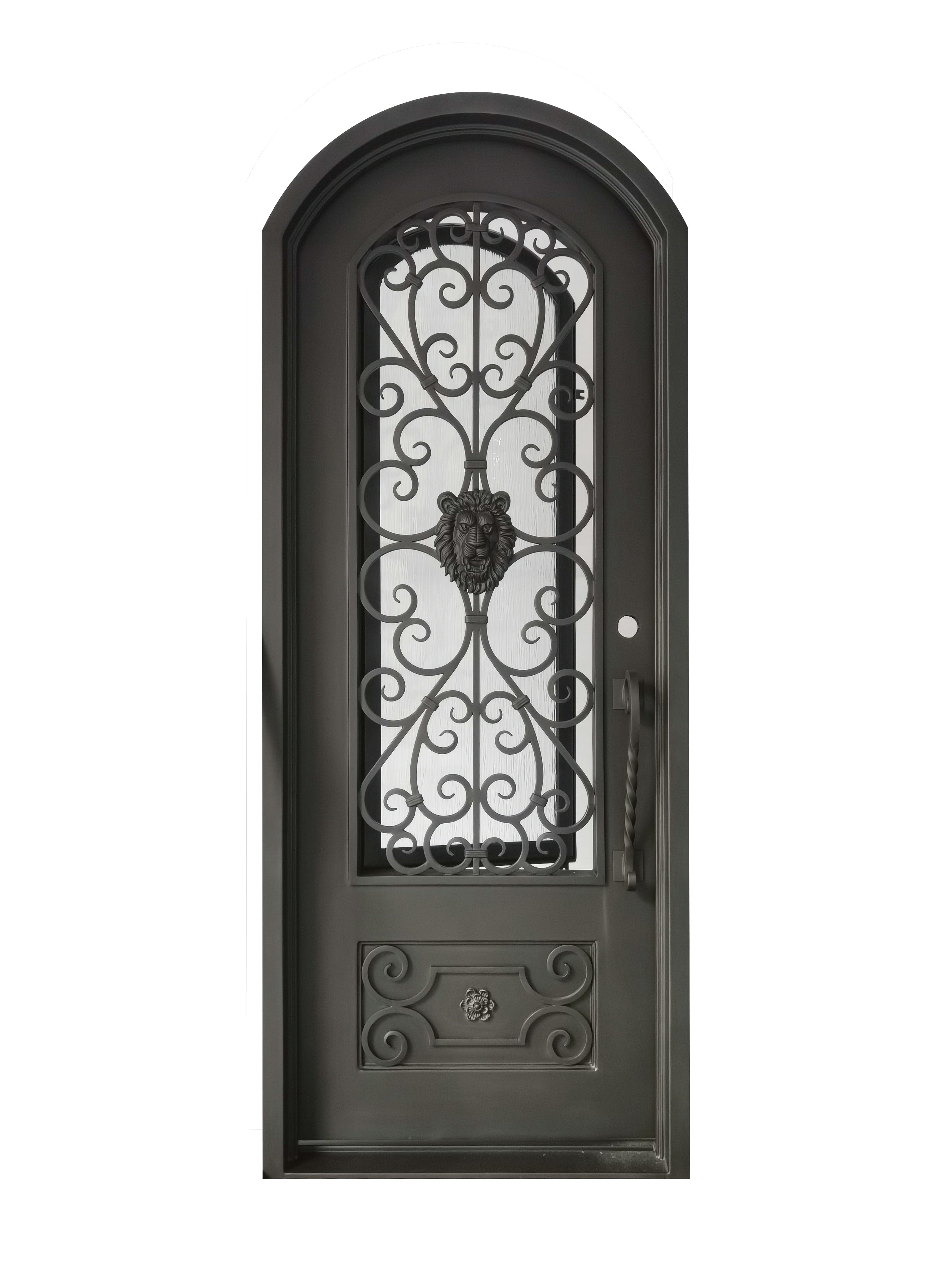 Princeton Model Pre Hung Single Front Entry Wrought Iron Door With Rain Glass Dark Bronze Finish