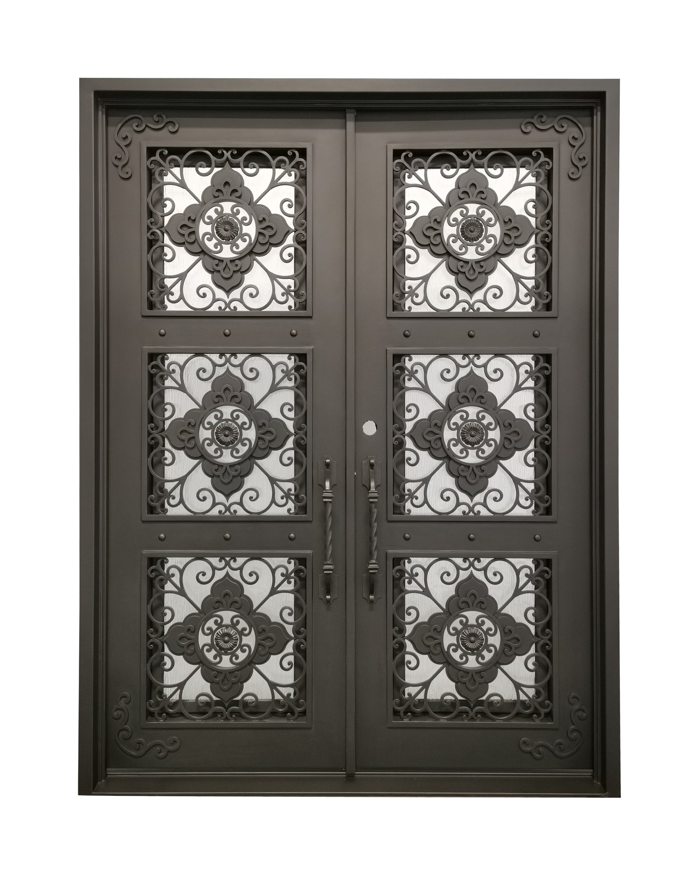 Allen Model Double Front Entry Iron Door With Tempered Rain Glass Dark Bronze Finish - AAWAIZ IMPORTS