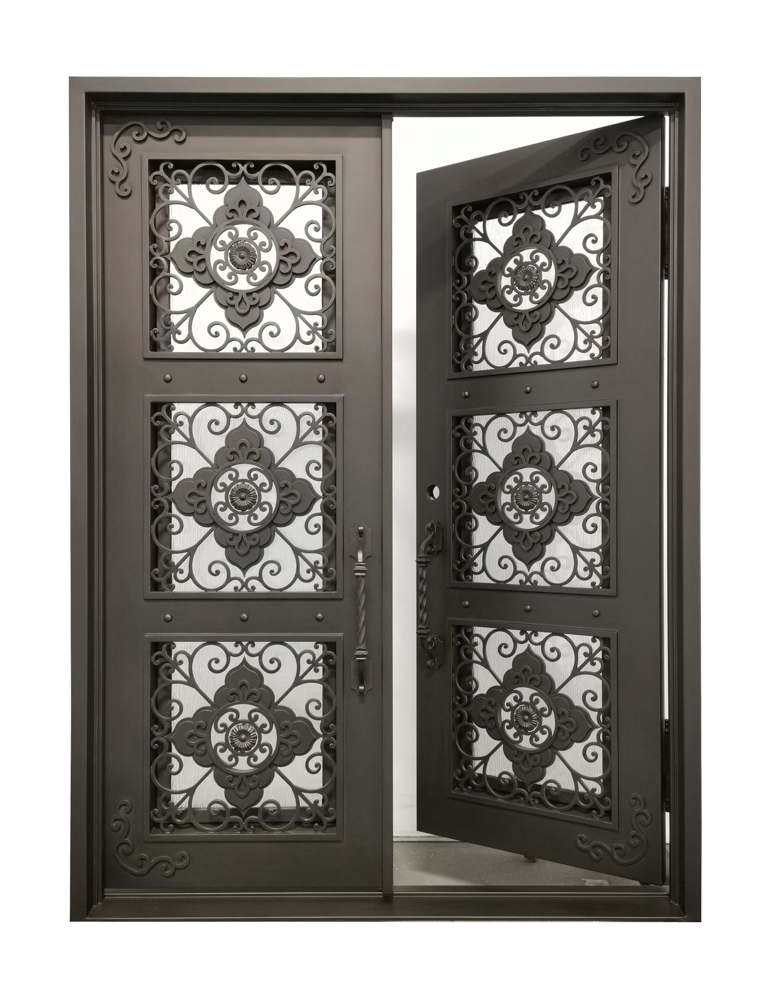 Allen Model Double Front Entry Iron Door With Tempered Rain Glass Dark Bronze Finish - AAWAIZ IMPORTS