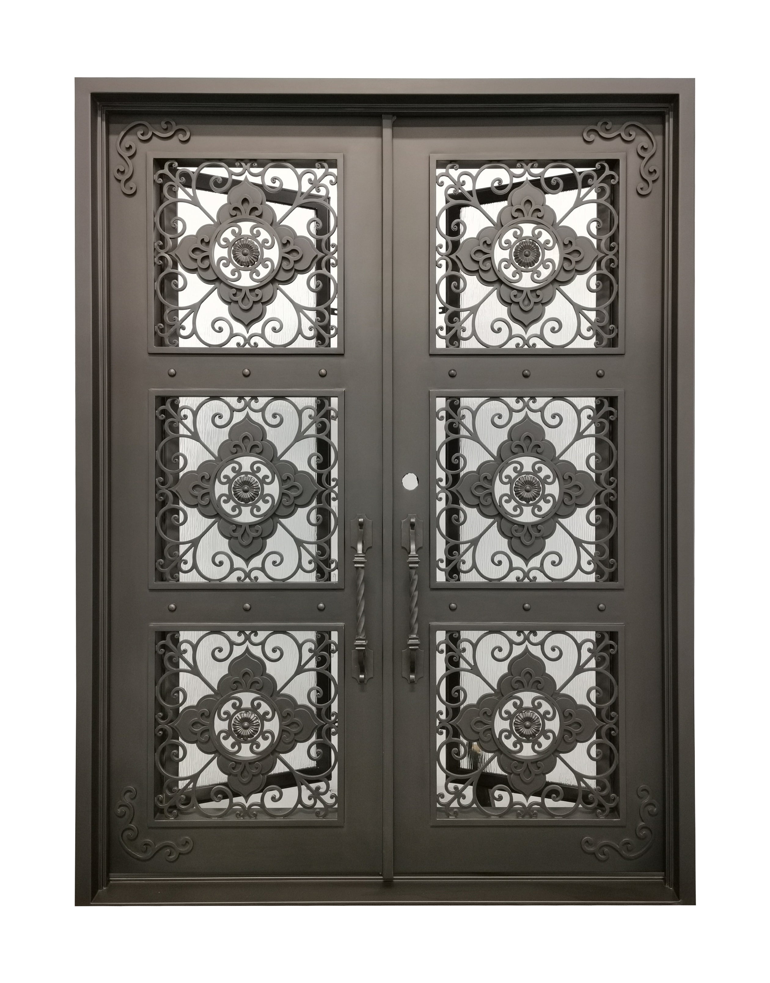 Allen Model Double Front Entry Iron Door With Tempered Rain Glass Dark Bronze Finish - AAWAIZ IMPORTS