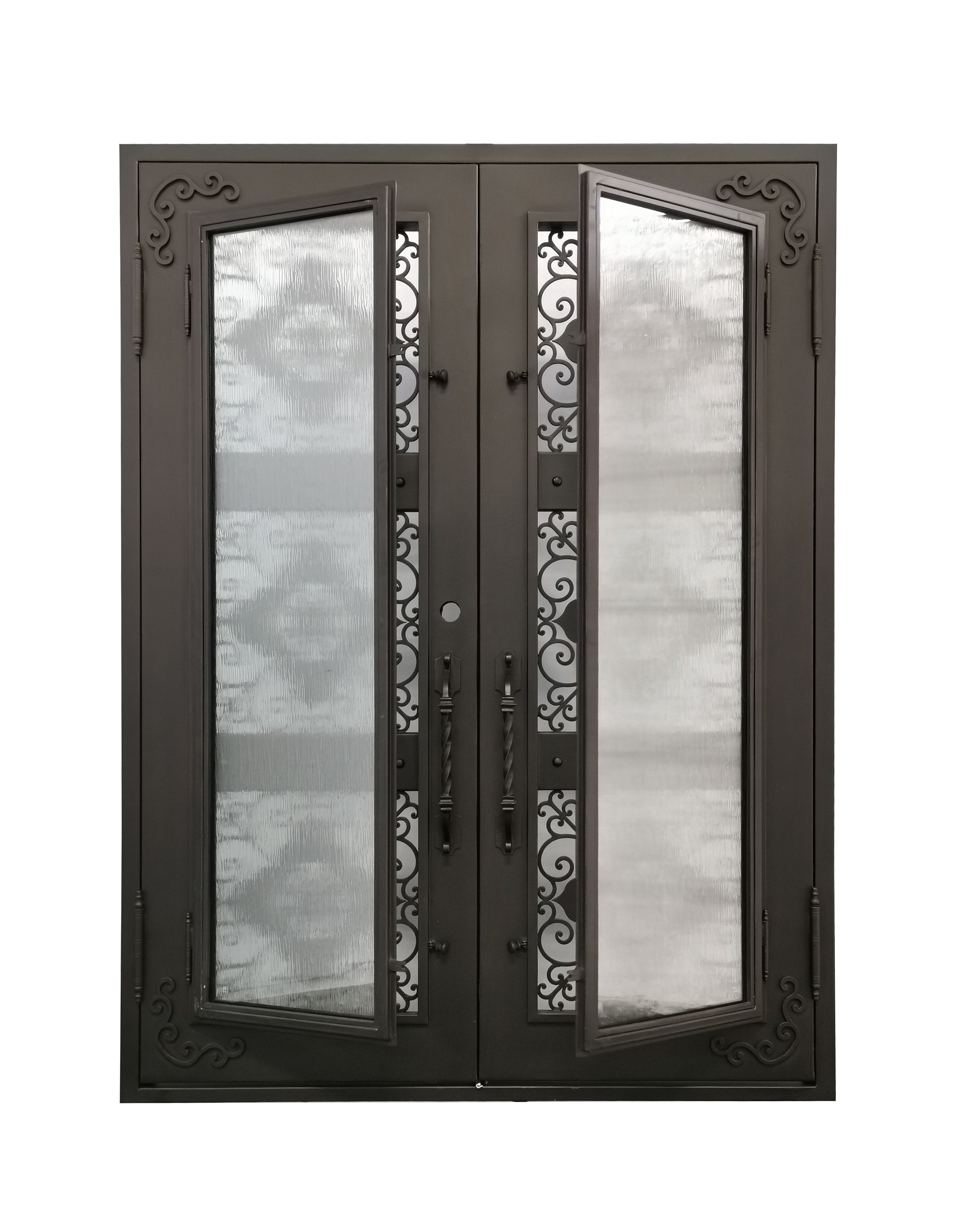 Allen Model Double Front Entry Iron Door With Tempered Rain Glass Dark Bronze Finish - AAWAIZ IMPORTS