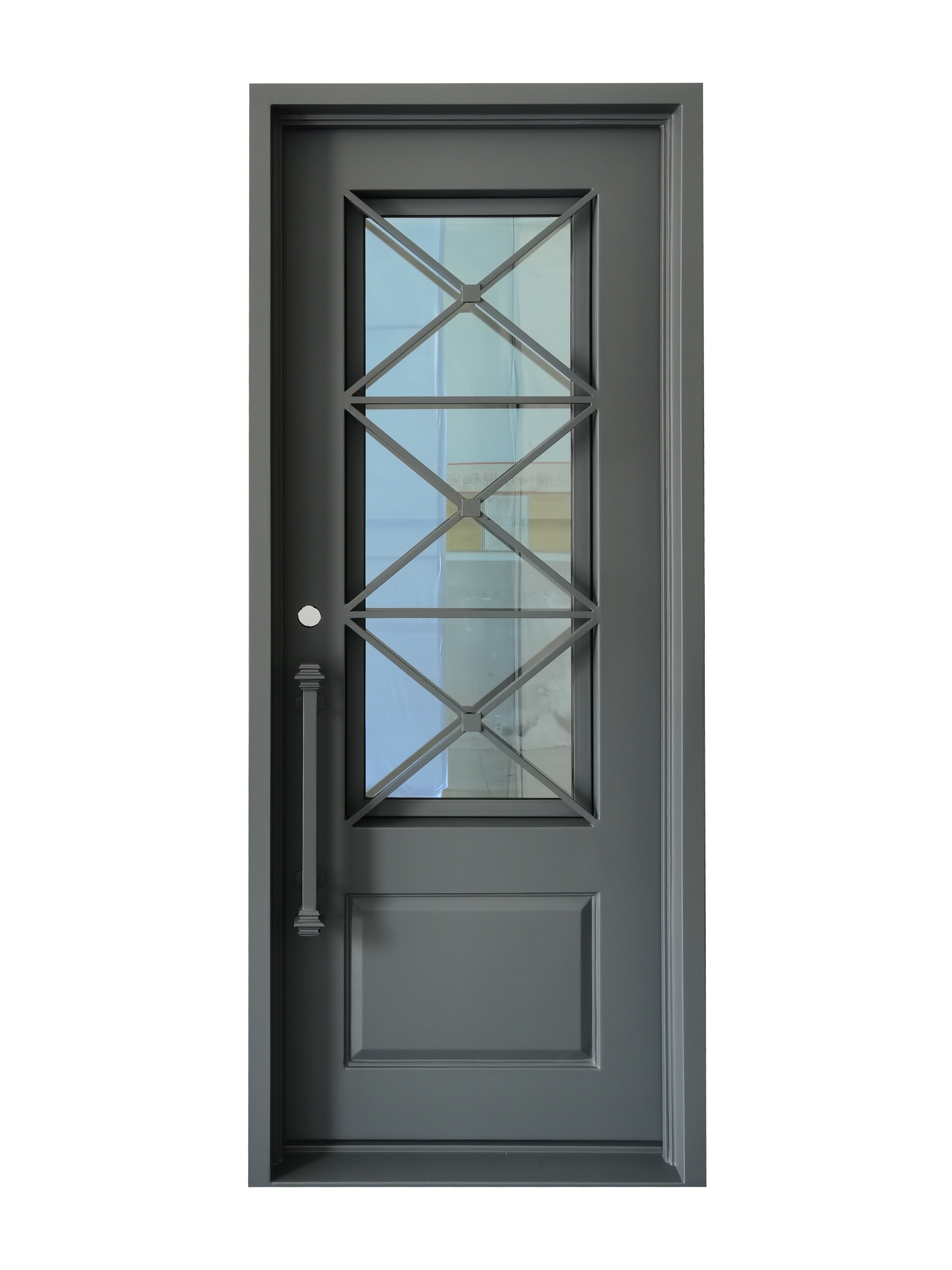 Rockport Model Pre Hung Single Front Entry Wrought Iron Door With Reflective Glass Dark Grey Finish