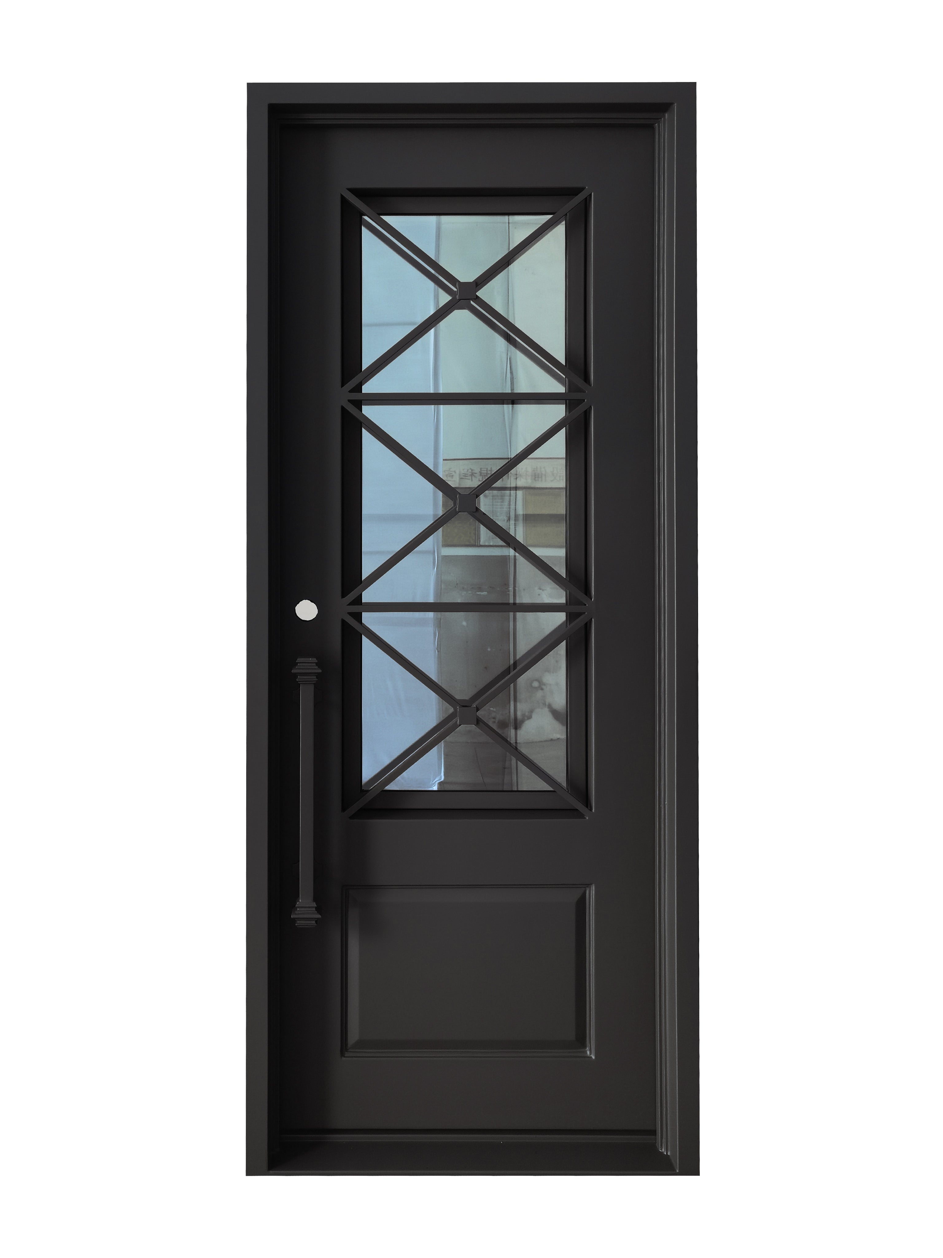 Rockport Model Pre Hung Single Front Entry Wrought Iron Door With Reflective Glass Matt Black Finish