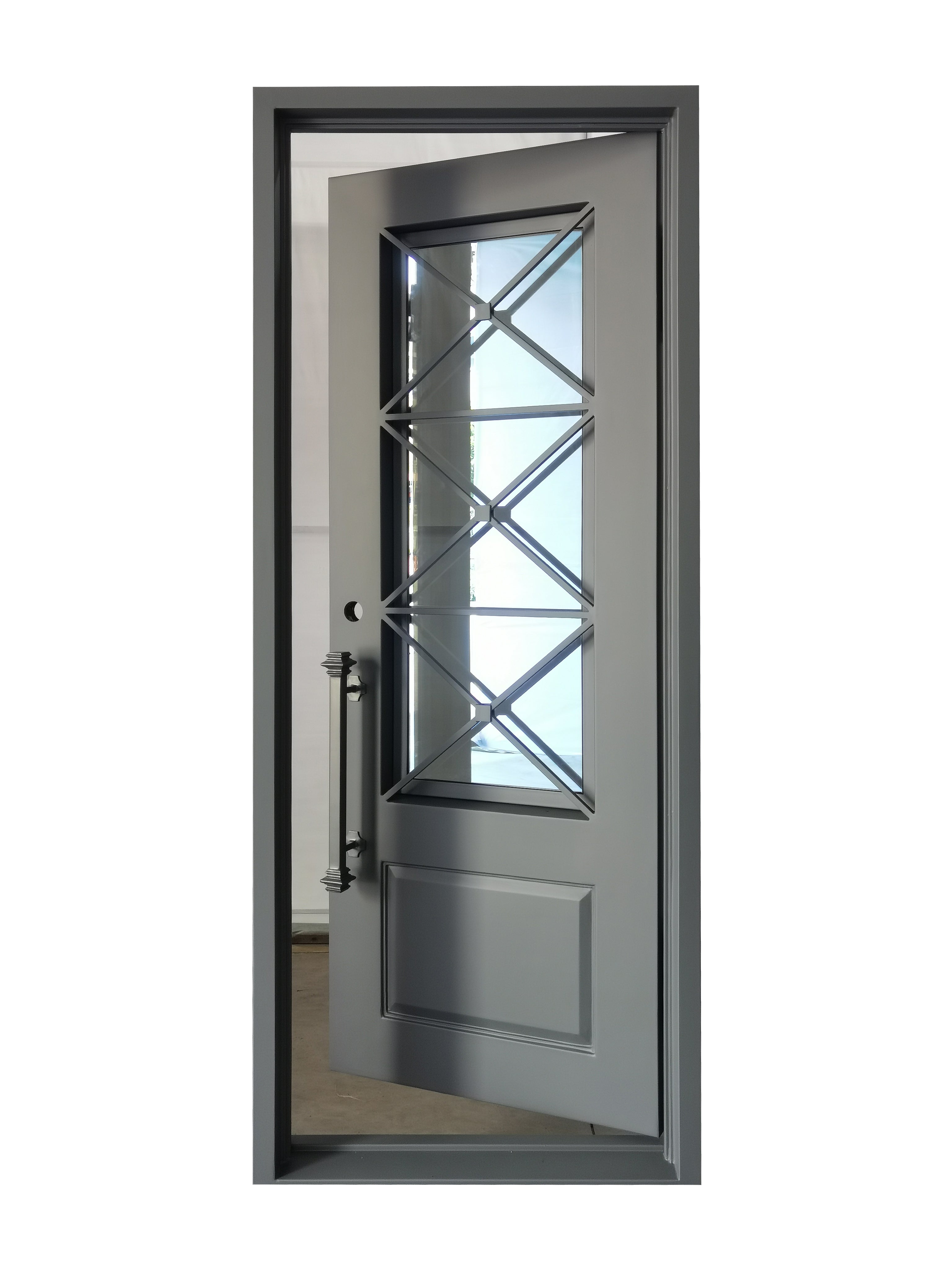 Rockport Model Pre Hung Single Front Entry Wrought Iron Door With Reflective Glass Dark Grey Finish