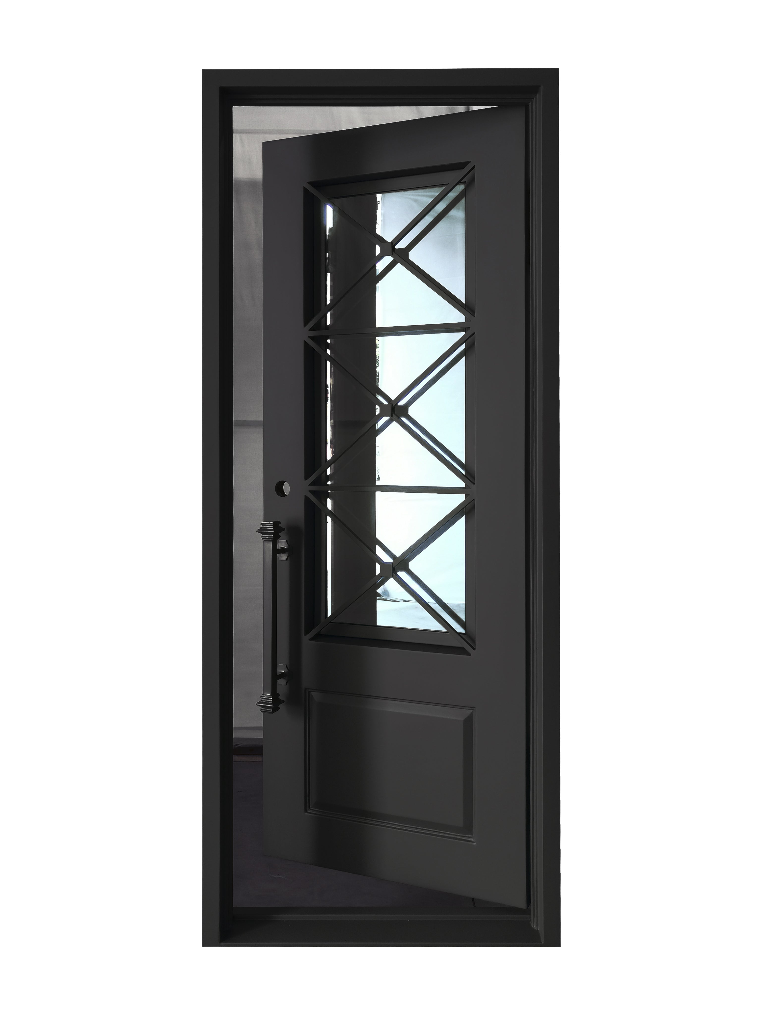 Rockport Model Pre Hung Single Front Entry Wrought Iron Door With Reflective Glass Matt Black Finish