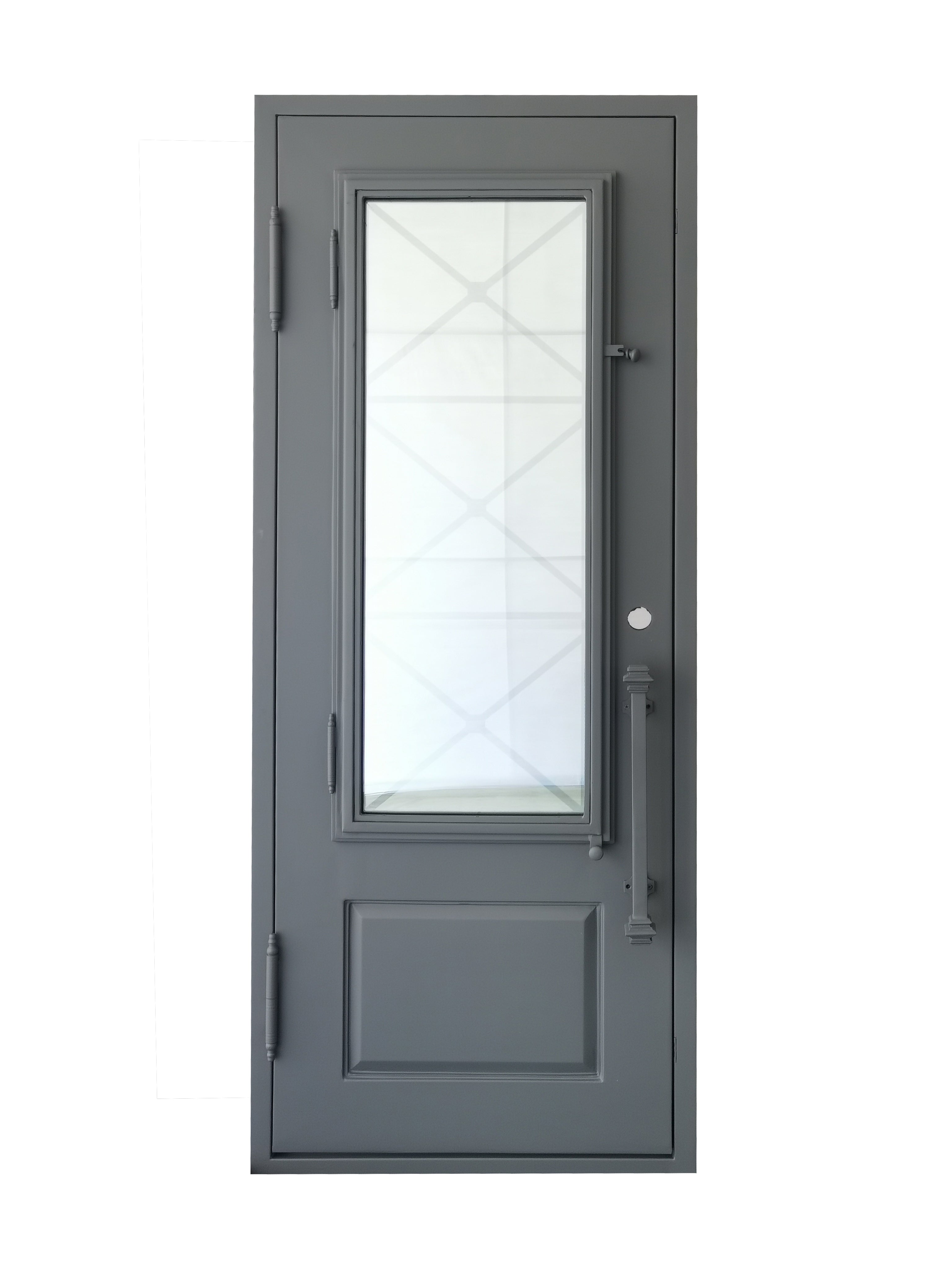 Rockport Model Pre Hung Single Front Entry Wrought Iron Door With Reflective Glass Dark Grey Finish