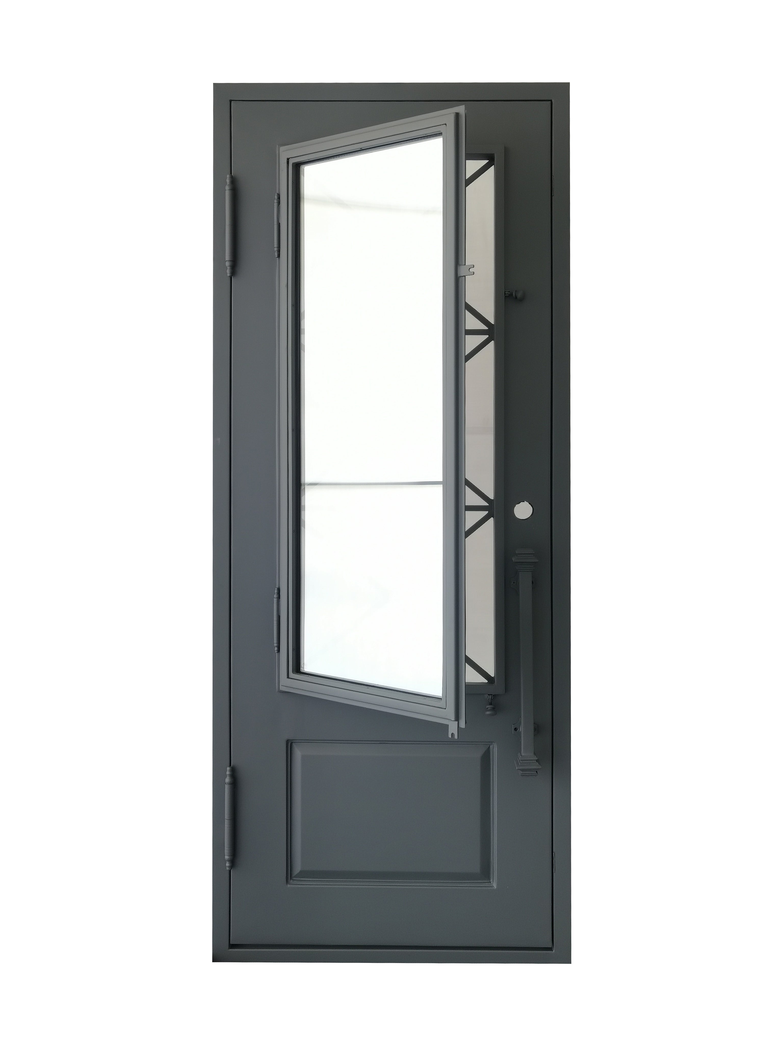 Rockport Model Pre Hung Single Front Entry Wrought Iron Door With Reflective Glass Dark Grey Finish