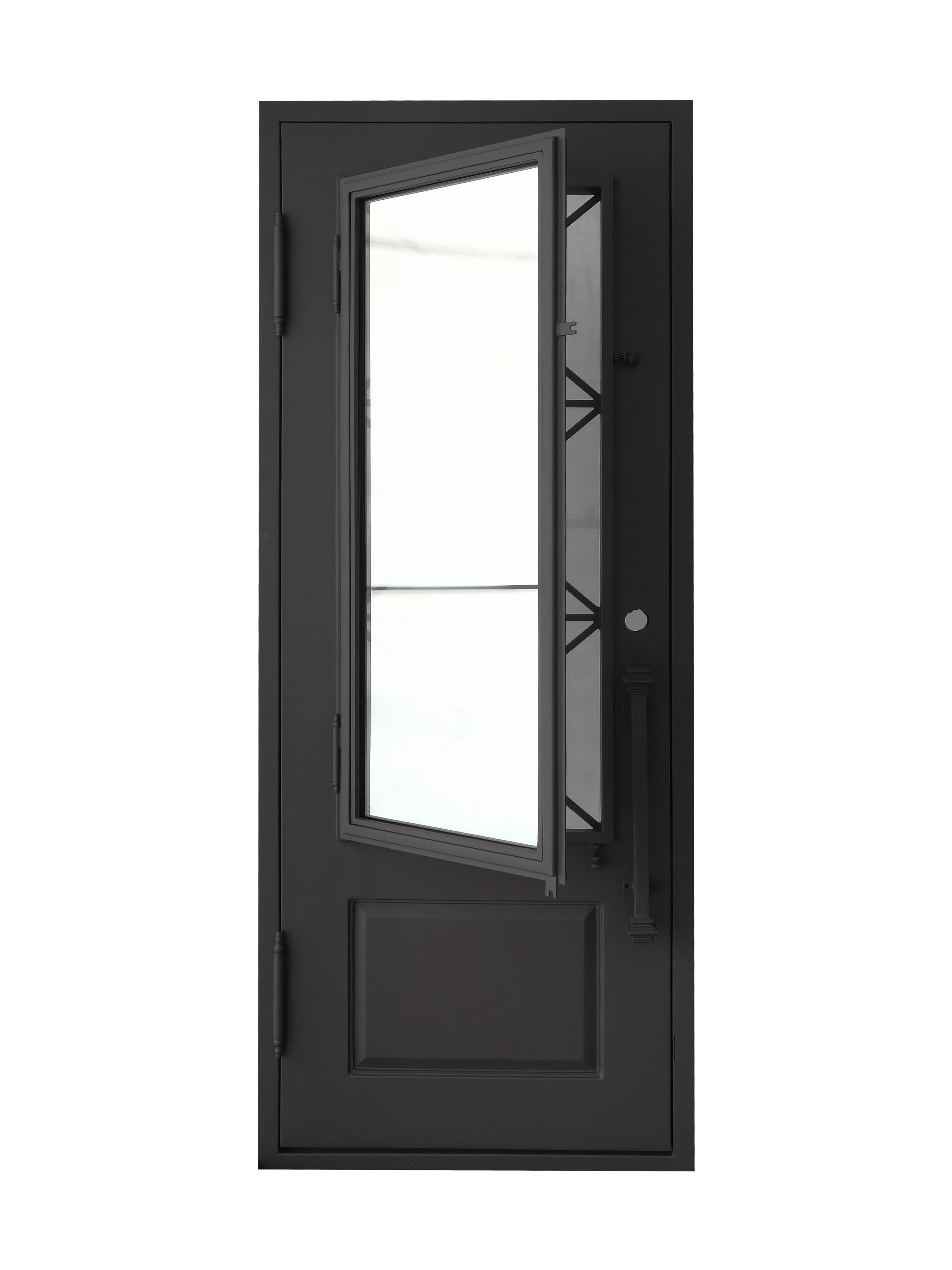 Rockport Model Pre Hung Single Front Entry Wrought Iron Door With Reflective Glass Matt Black Finish