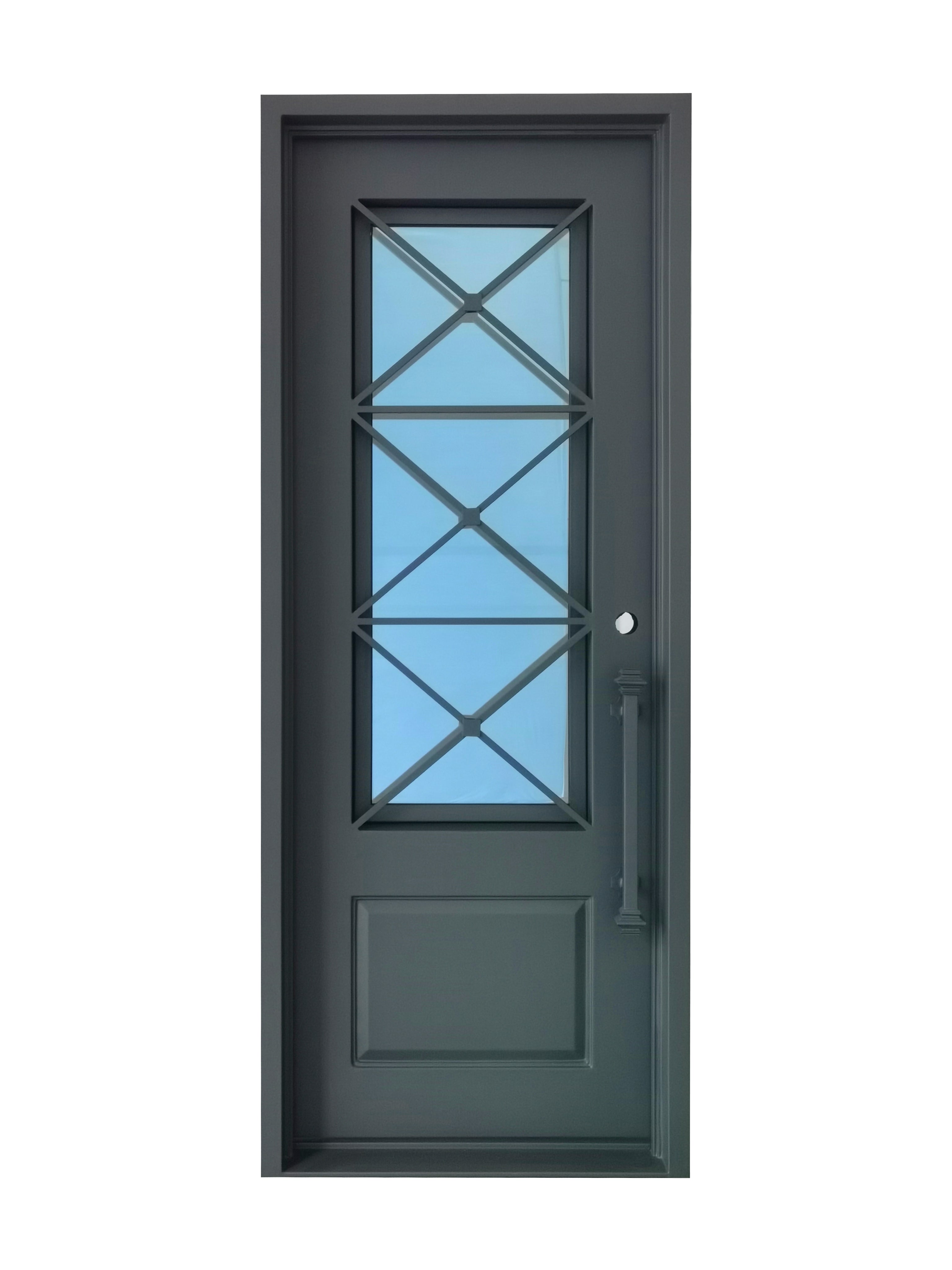 Rockport Model Pre Hung Single Front Entry Wrought Iron Door With Reflective Glass Dark Grey Finish