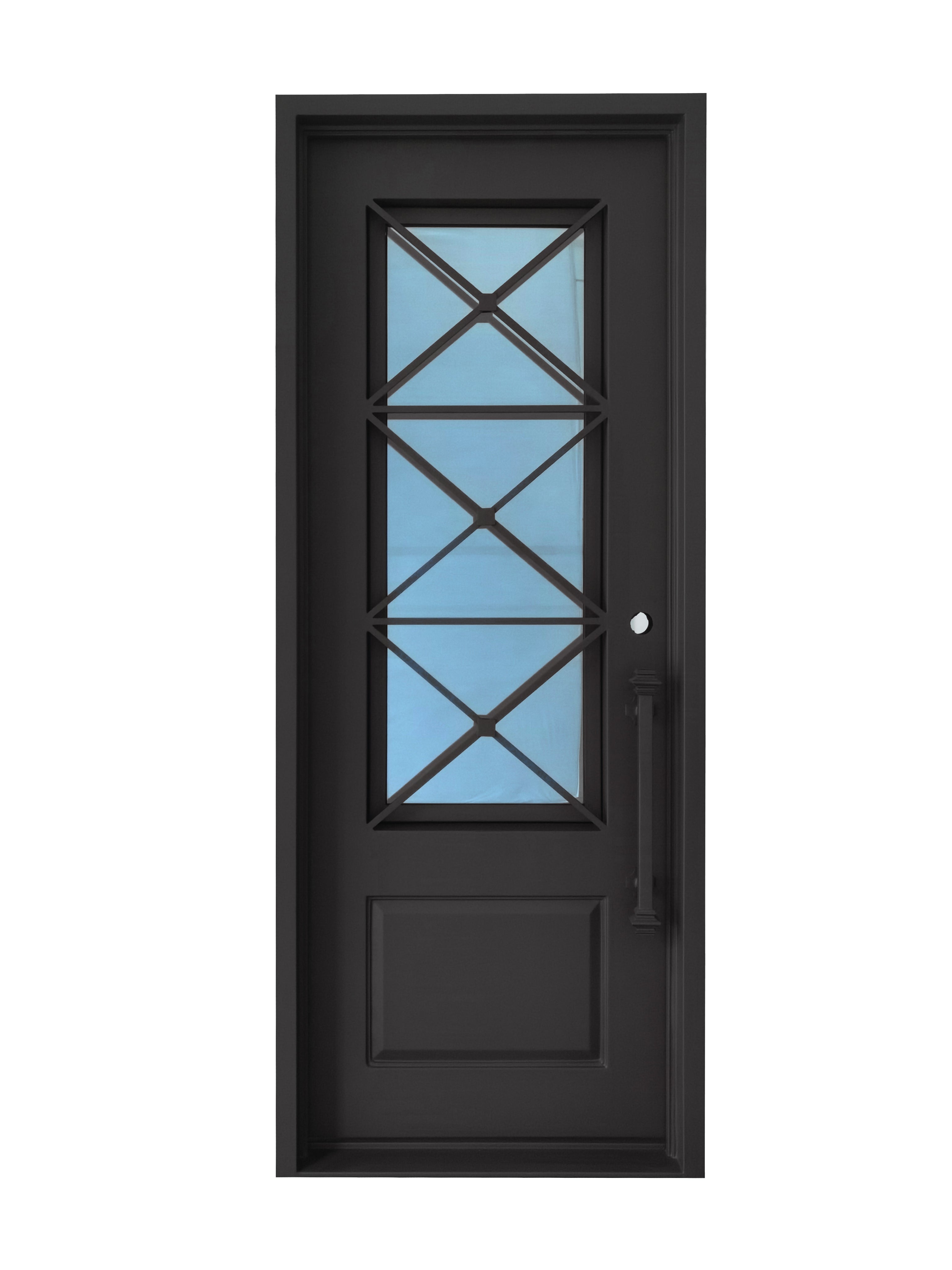 Rockport Model Pre Hung Single Front Entry Wrought Iron Door With Reflective Glass Matt Black Finish