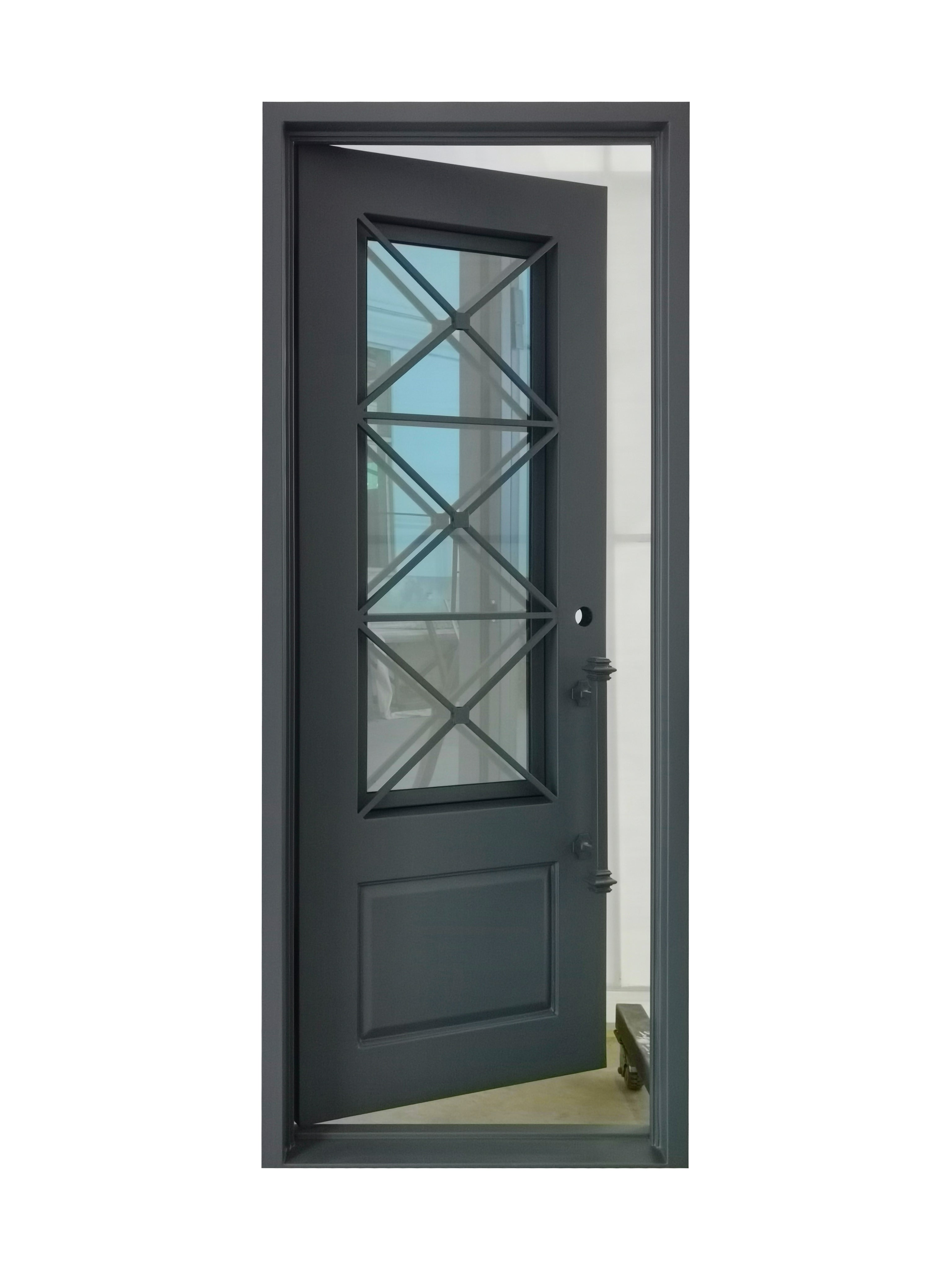 Rockport Model Pre Hung Single Front Entry Wrought Iron Door With Reflective Glass Dark Grey Finish