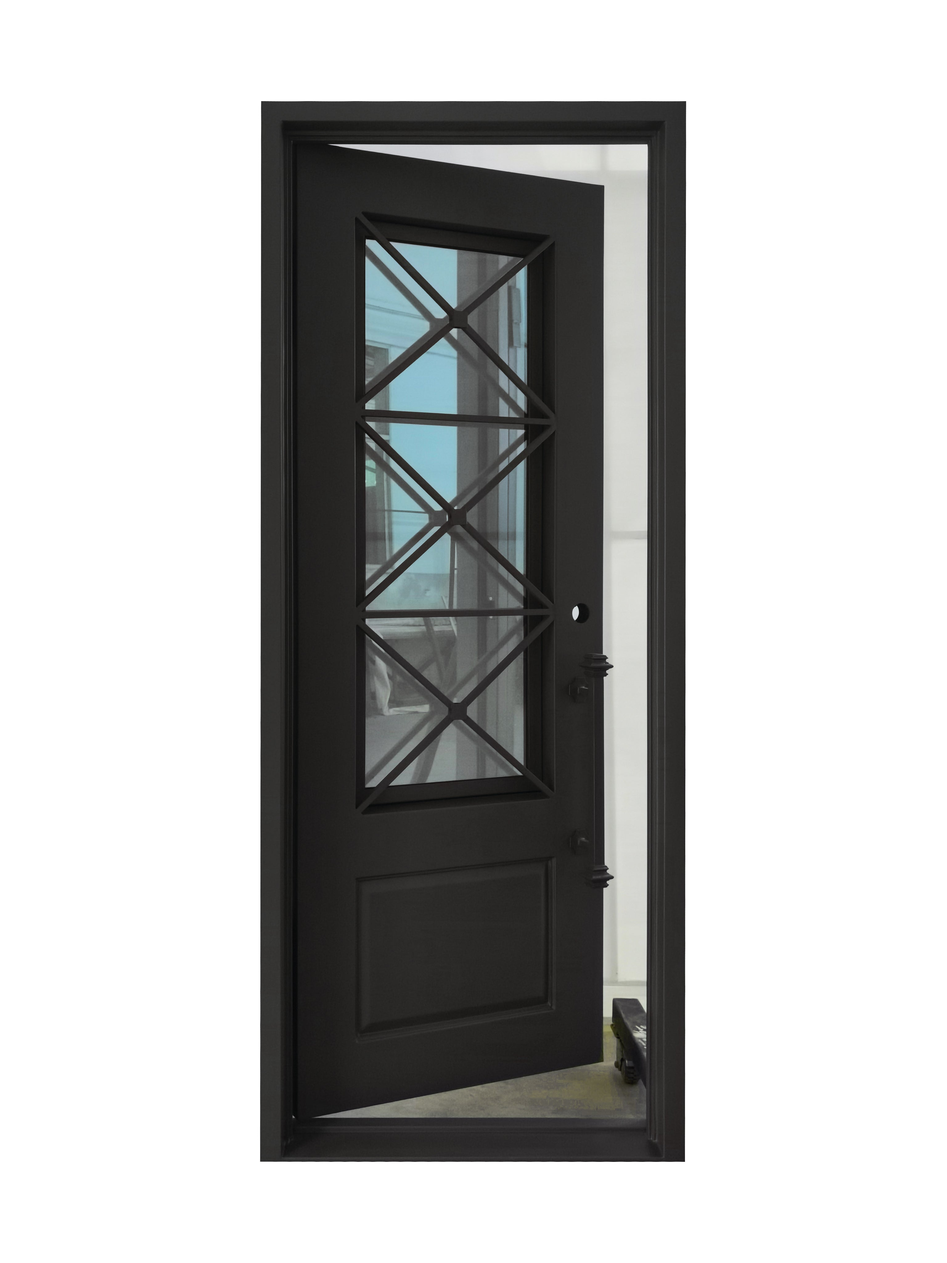 Rockport Model Pre Hung Single Front Entry Wrought Iron Door With Reflective Glass Matt Black Finish