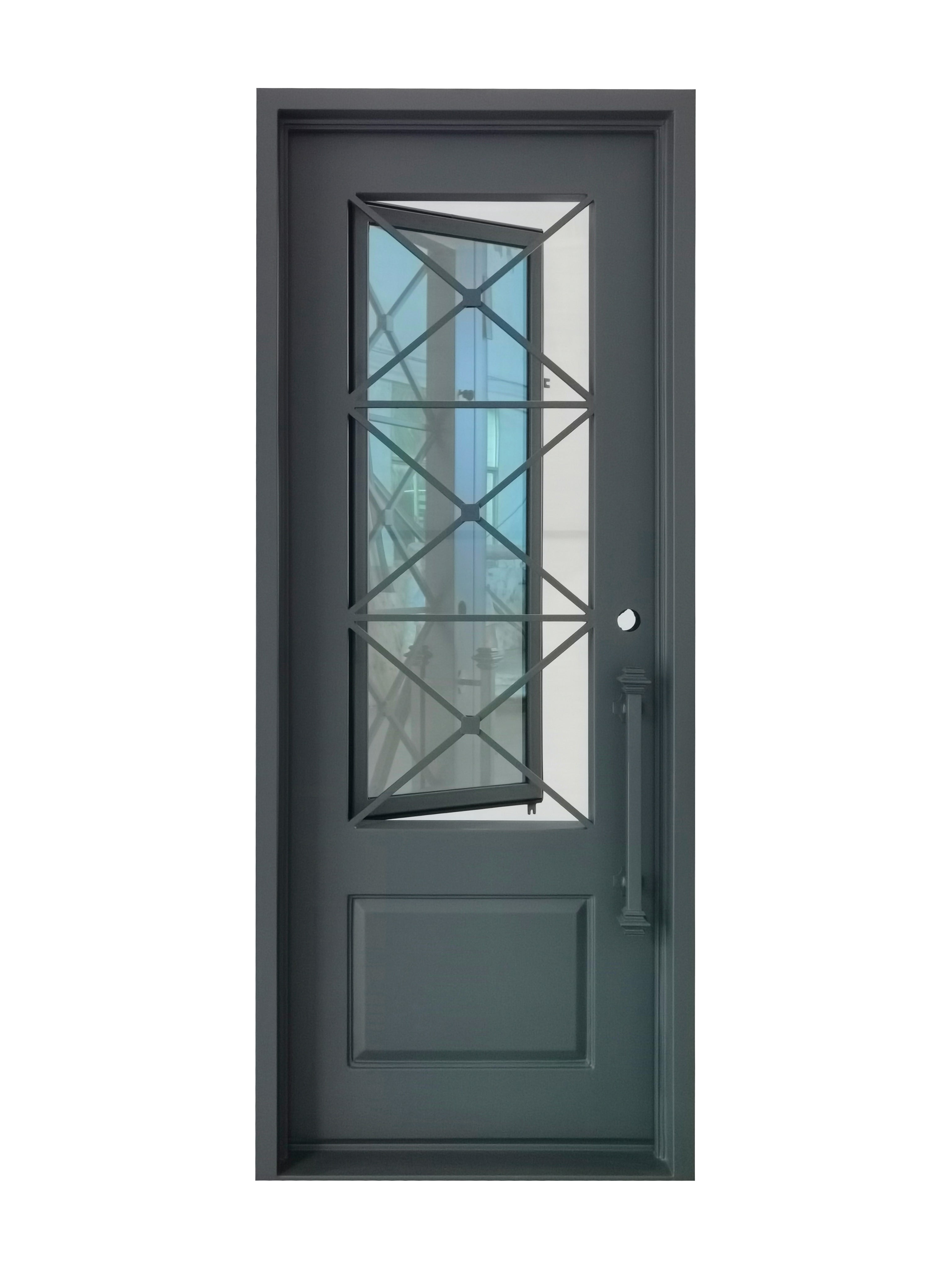 Rockport Model Pre Hung Single Front Entry Wrought Iron Door With Reflective Glass Dark Grey Finish