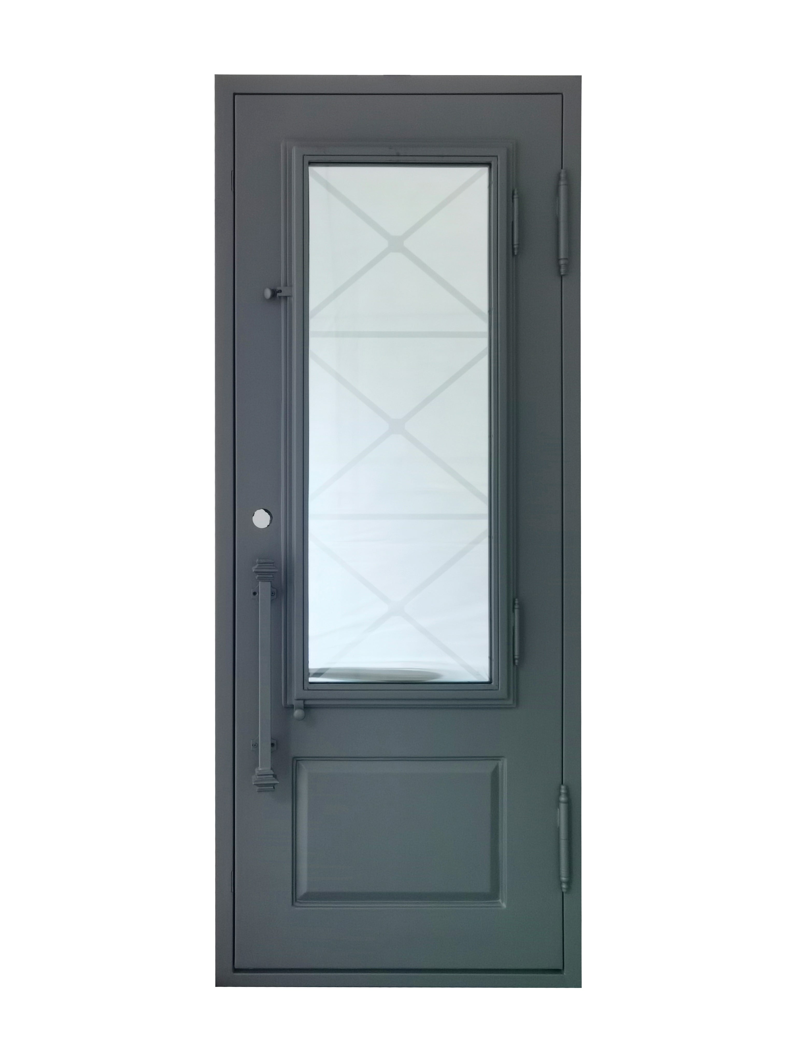 Rockport Model Pre Hung Single Front Entry Wrought Iron Door With Reflective Glass Dark Grey Finish