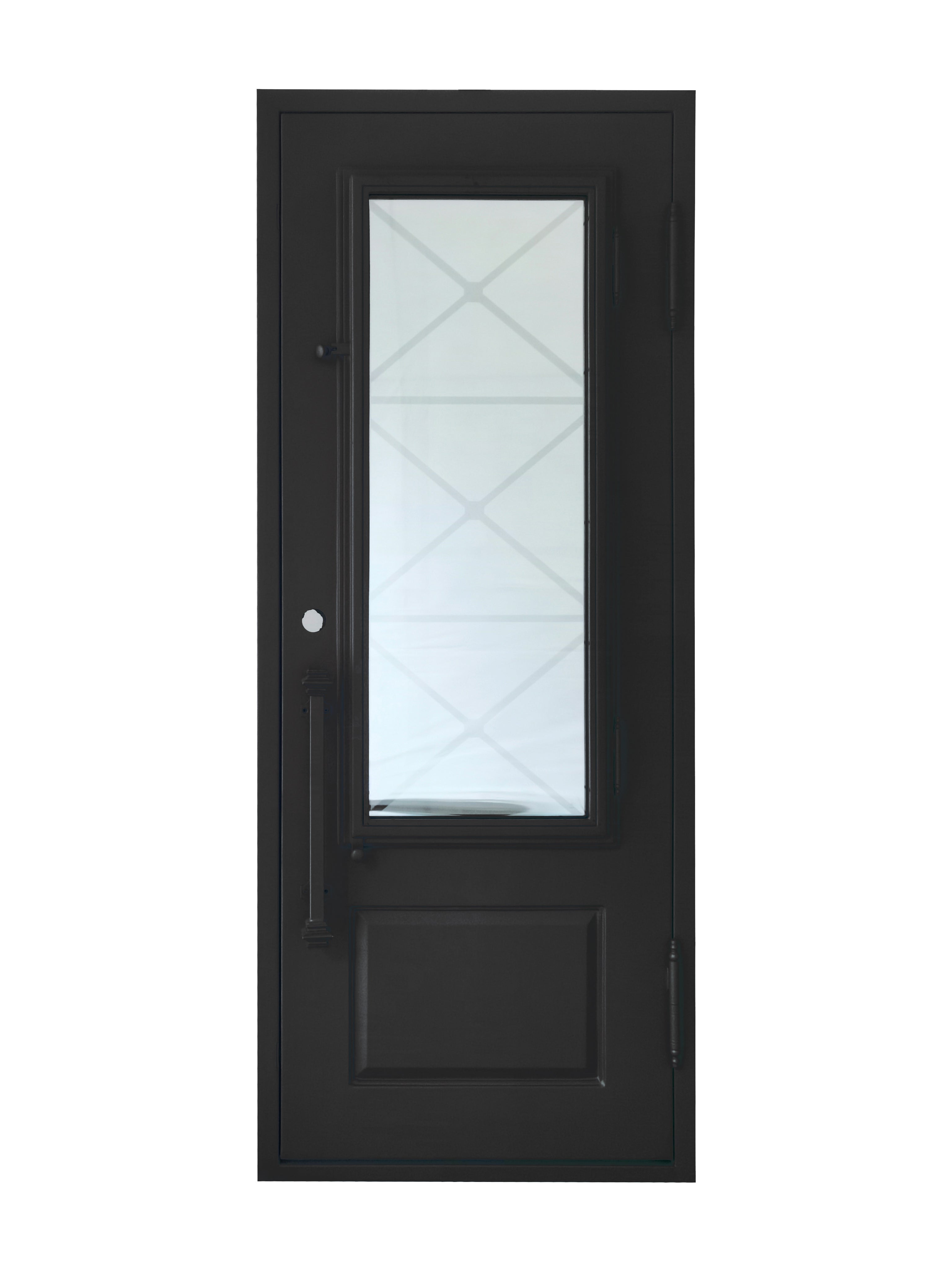 Rockport Model Pre Hung Single Front Entry Wrought Iron Door With Reflective Glass Matt Black Finish