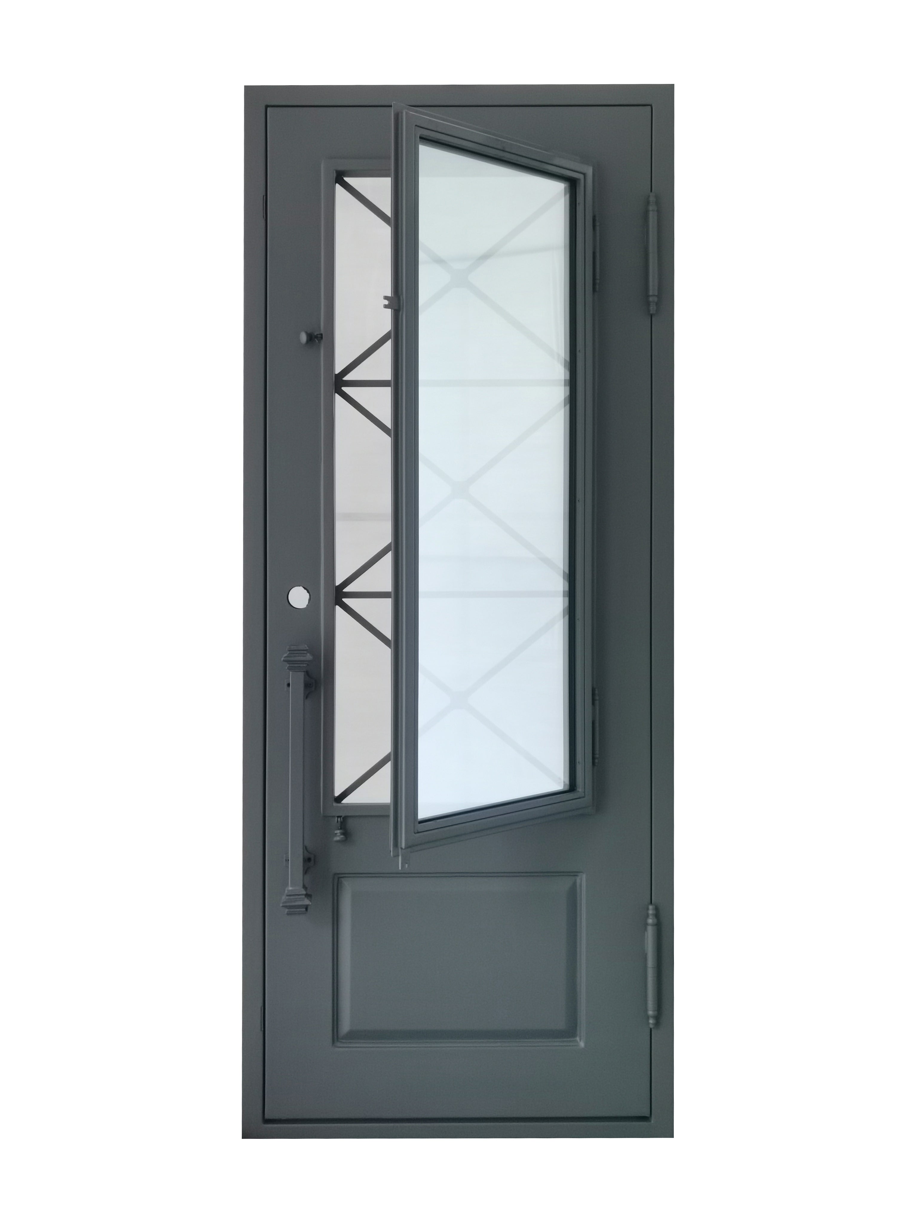 Rockport Model Pre Hung Single Front Entry Wrought Iron Door With Reflective Glass Dark Grey Finish