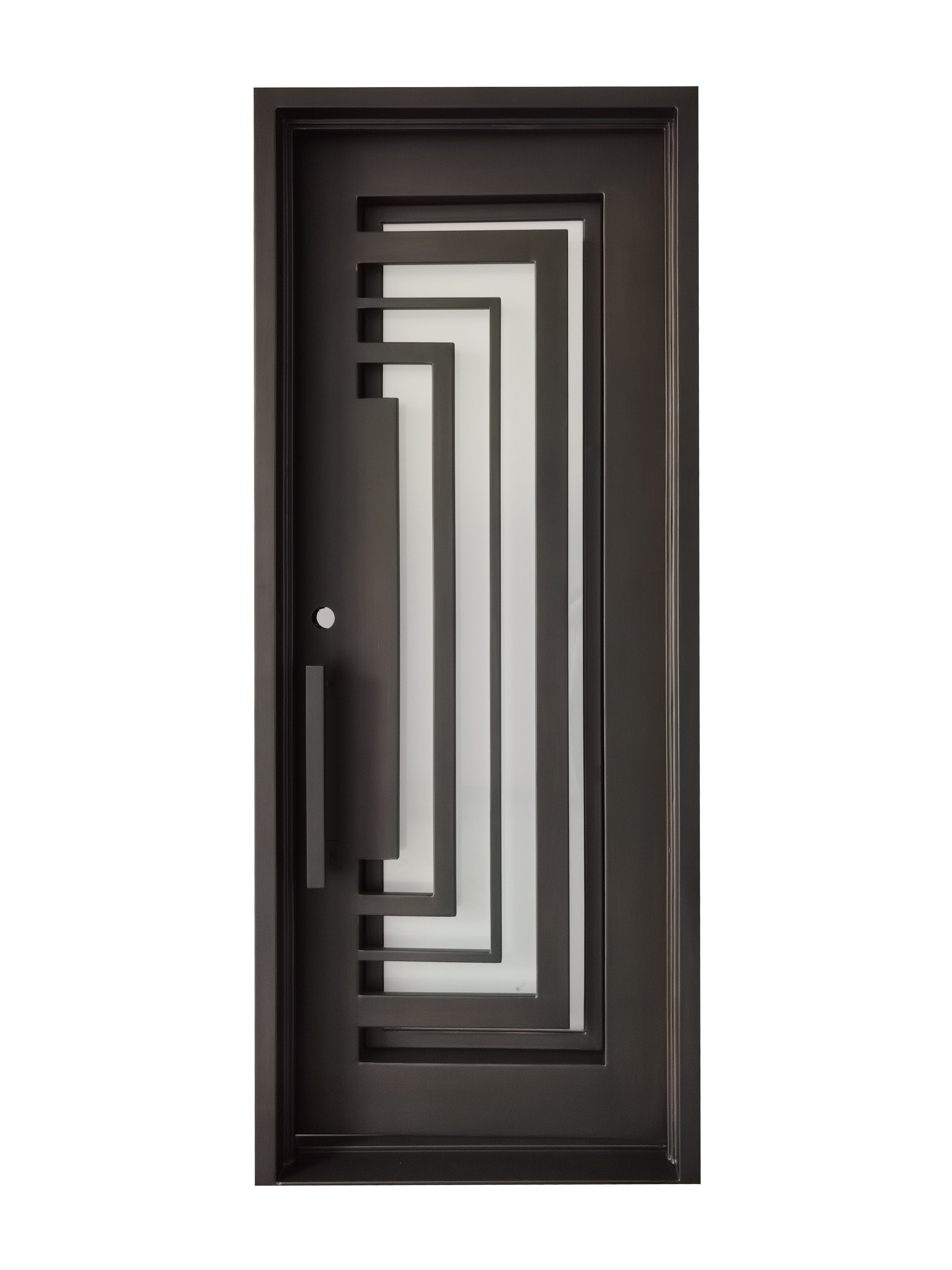Bellaire Model Pre Hung Single Front Entry Wrought Iron Door With Frosted Glass Dark Bronze Finish